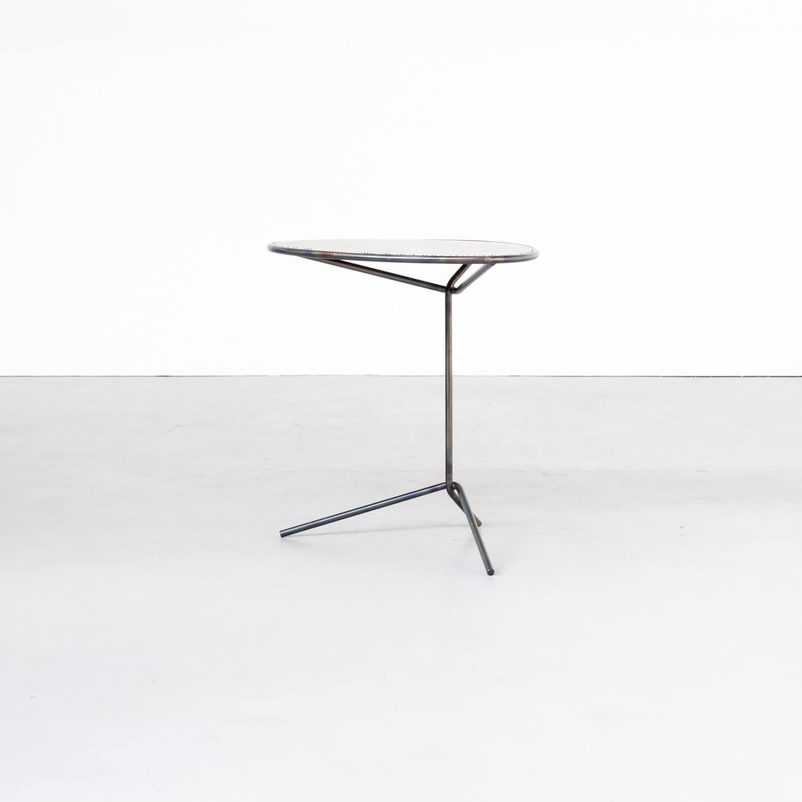 Blue steel Italian design side table for Baxter, Italy. Black and white fabric tabletop. Good condition consistent with age and use.