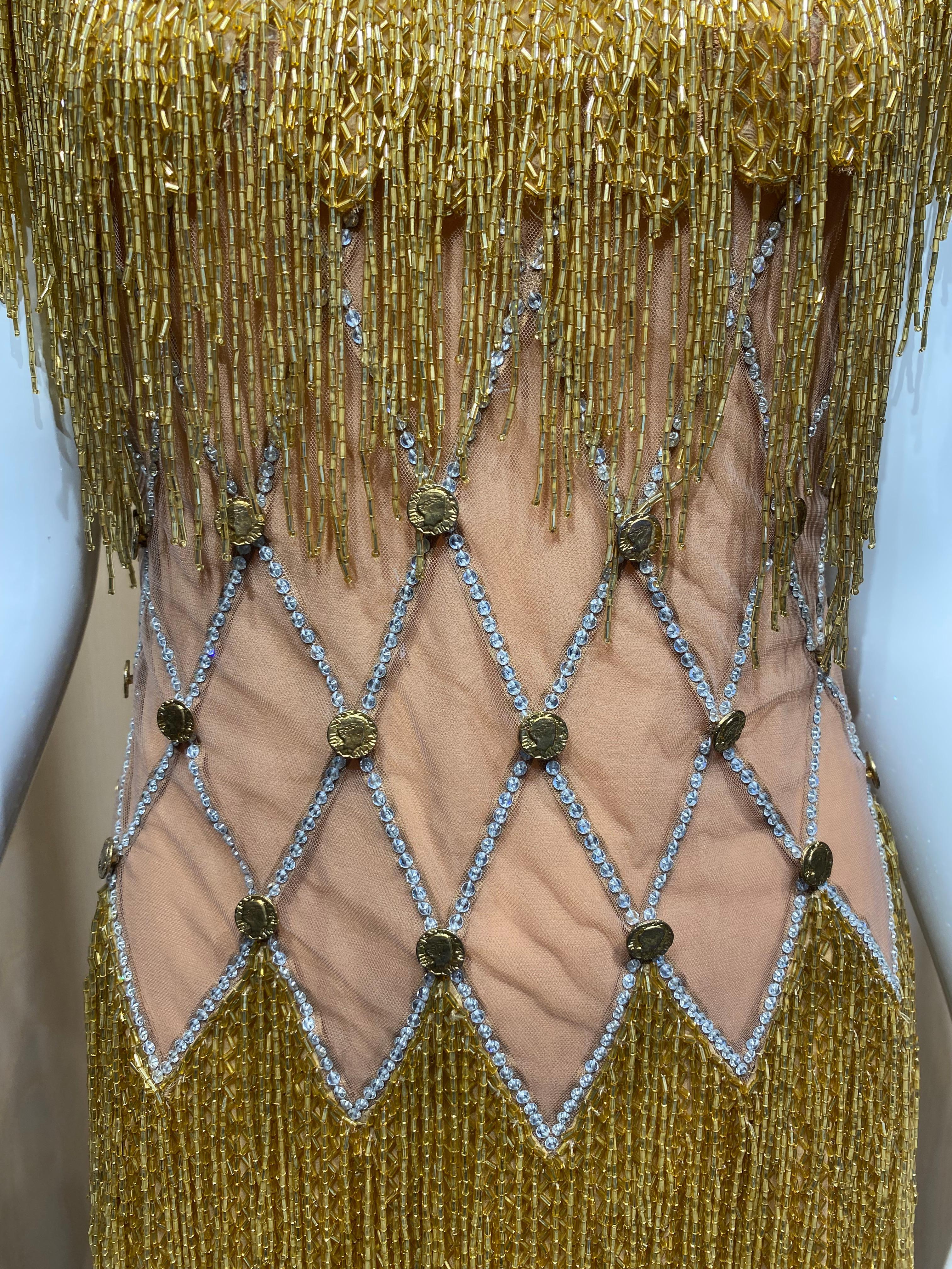 Brown 90s BOB MACKIE Gold Beaded Fringe Cocktail Dress