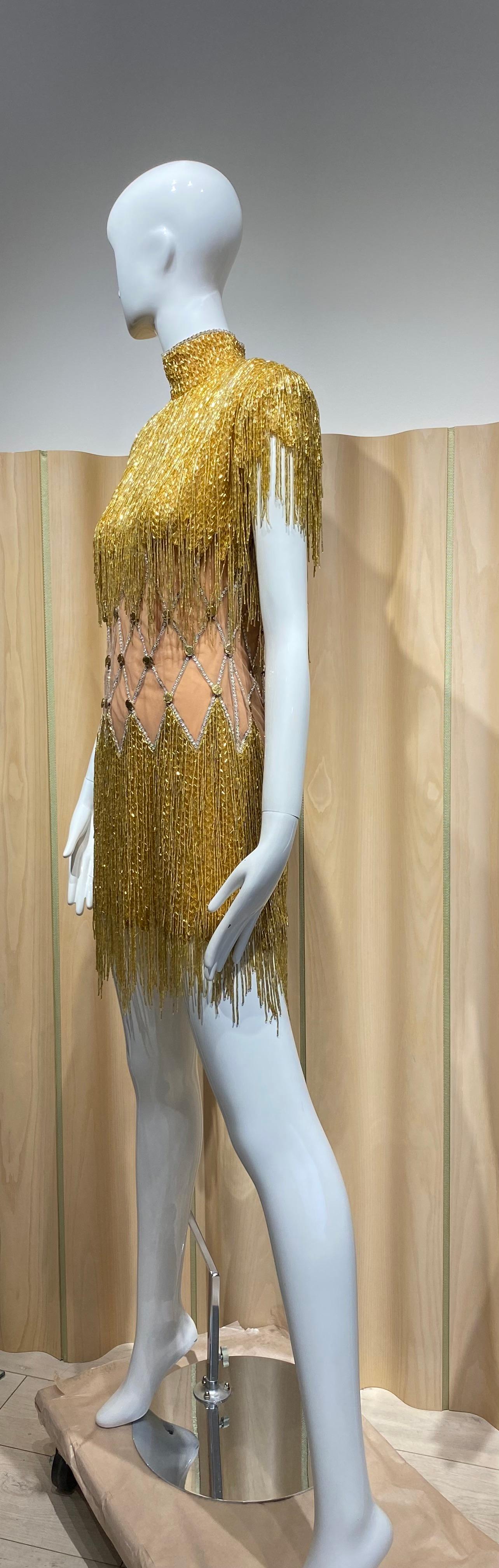 90s BOB MACKIE Gold Beaded Fringe Cocktail Dress In Excellent Condition In Beverly Hills, CA