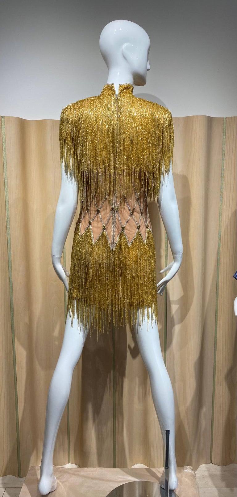 90s BOB MACKIE Gold Beaded Fringe Cocktail Dress at 1stDibs