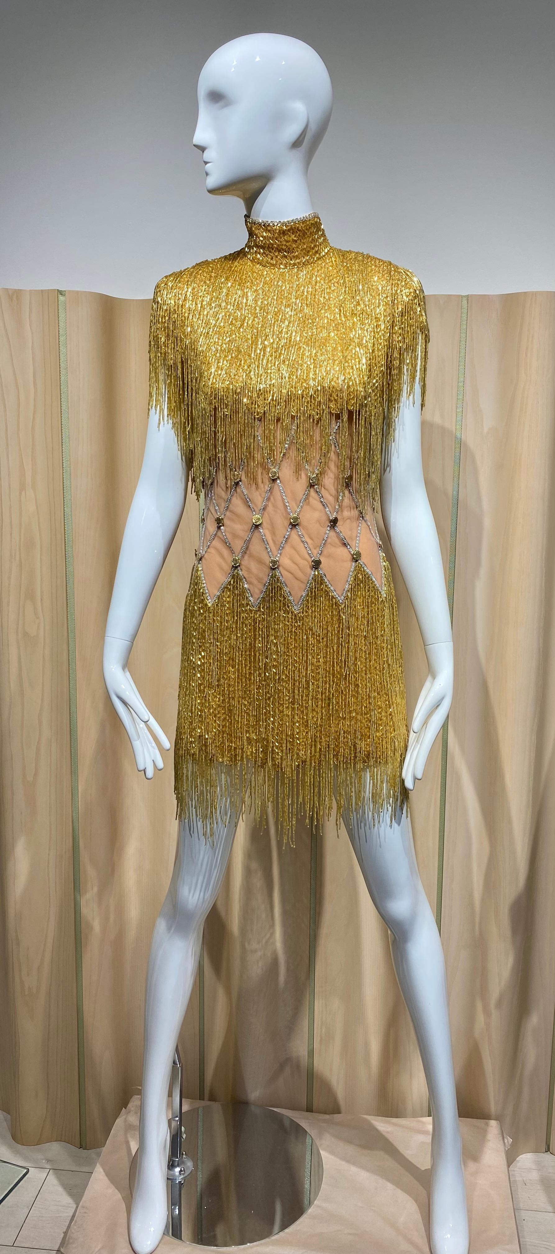 90s BOB MACKIE Gold Beaded Fringe Cocktail Dress 1