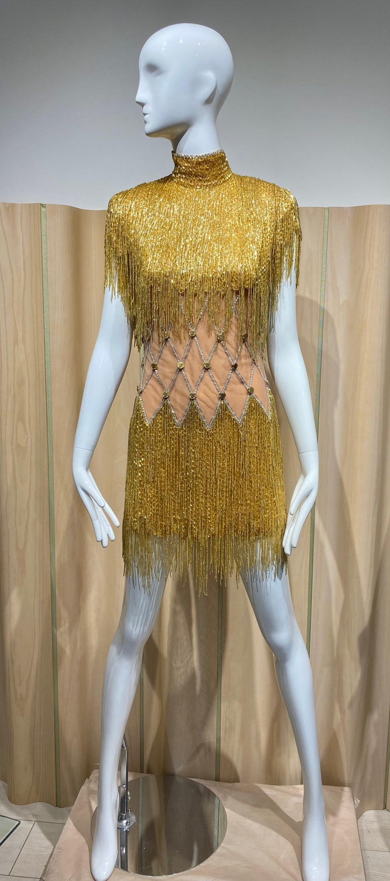 slim fit dress slacks 1960s Gilded Gold Fringe Dress, Sz. M
