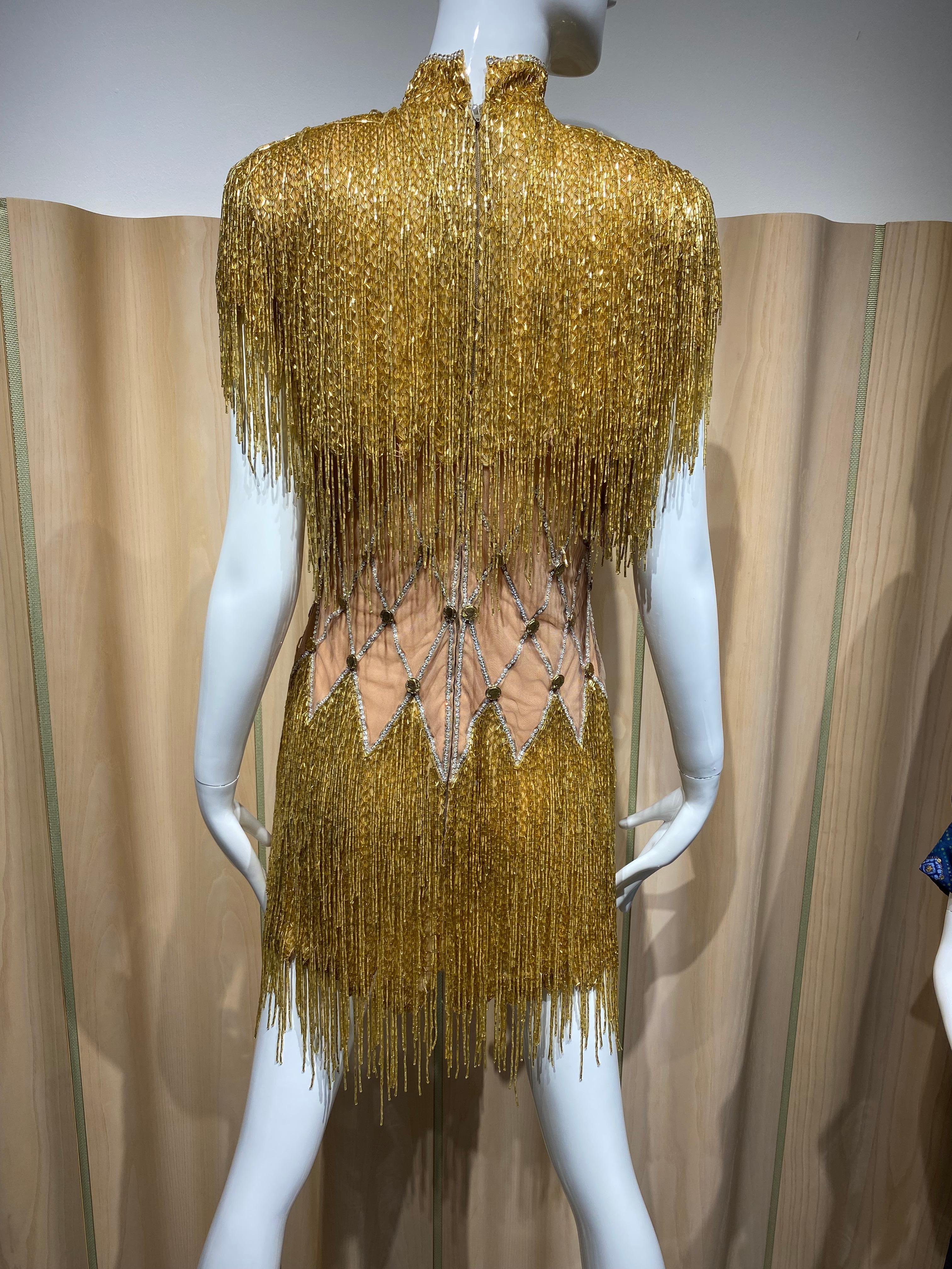 90s BOB MACKIE Gold Beaded Fringe Cocktail Dress 2