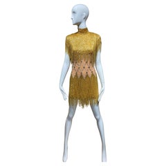 Vintage 90s BOB MACKIE Gold Beaded Fringe Cocktail Dress