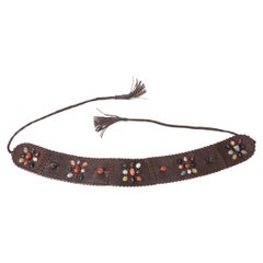 90's Brown Stitched Leather And Colored Agate Stones Tie Waist Belt with Tassels