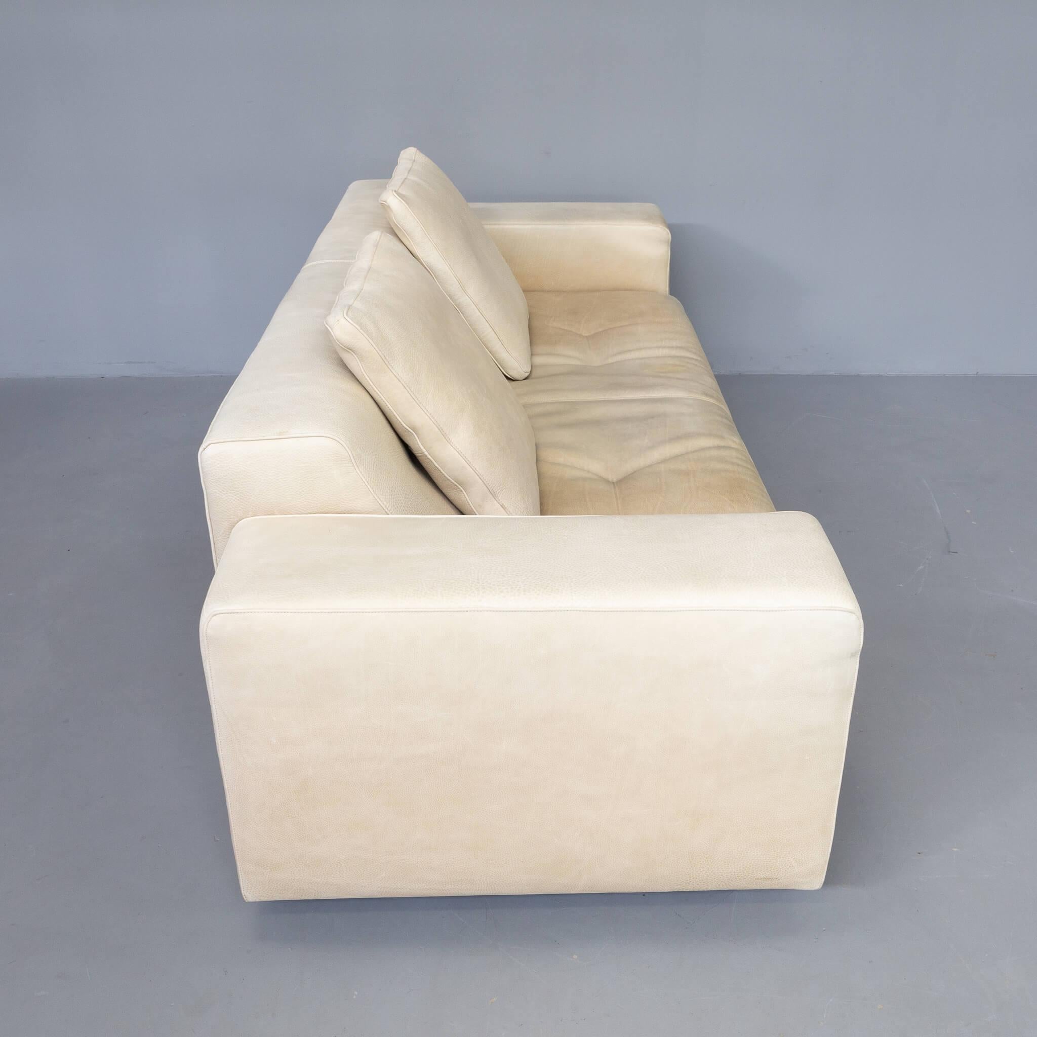 90s Bull Leather Cream Sofa and Hocker for Molinari Italy 4