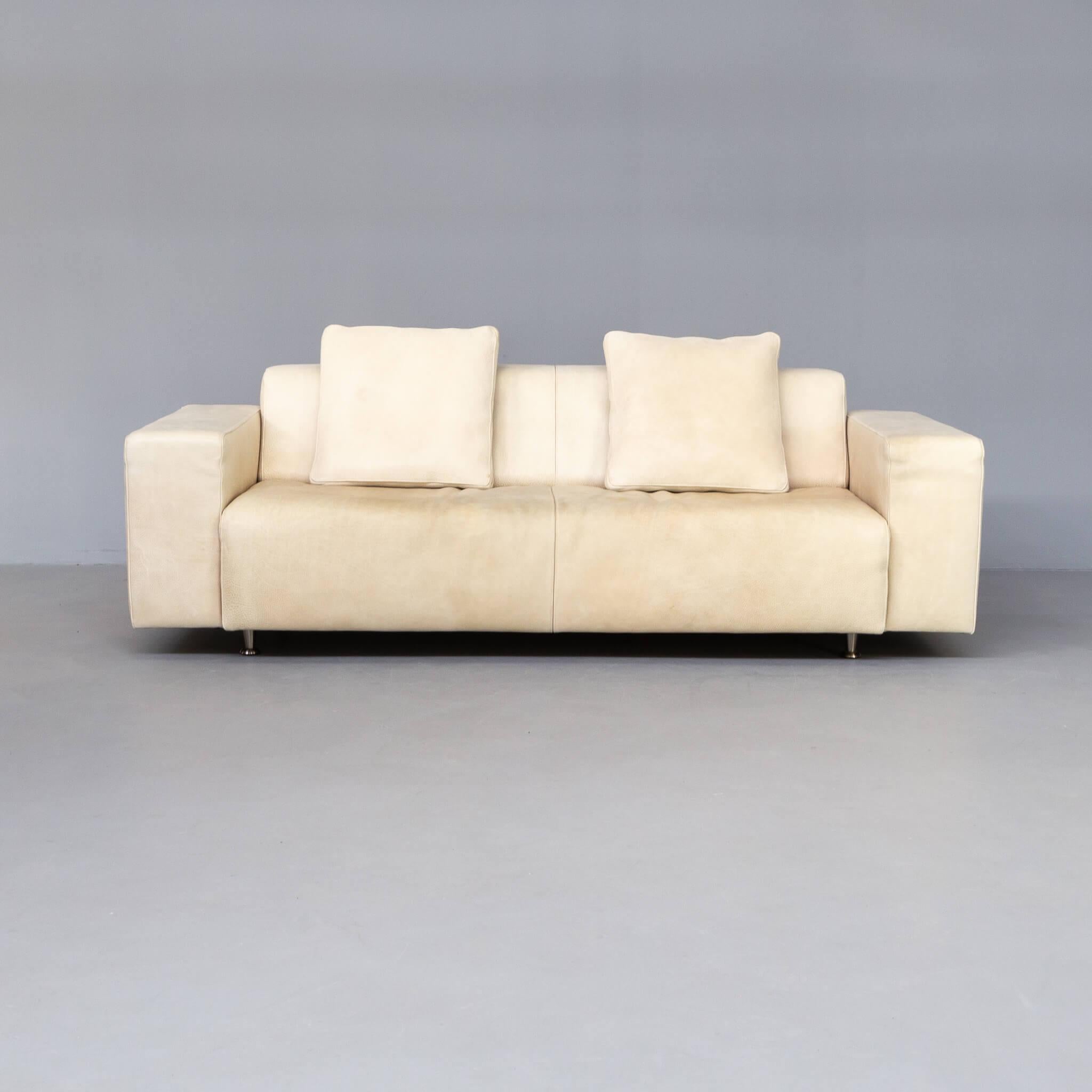 Post-Modern 90s Bull Leather Cream Sofa and Hocker for Molinari Italy