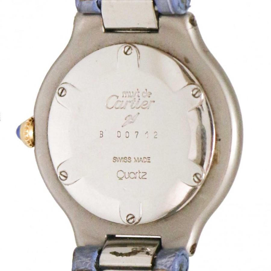 Beautiful vintage Cartier Must 21 steel watch Quartz
Condition : good
Made in Switzerland
Model: Must 21 
Material : mat and shiny steel
Hardware : steel and gold plated metal
Movement : quartz
Strap: mauve crocodile signed CARTIER, folding clasp,