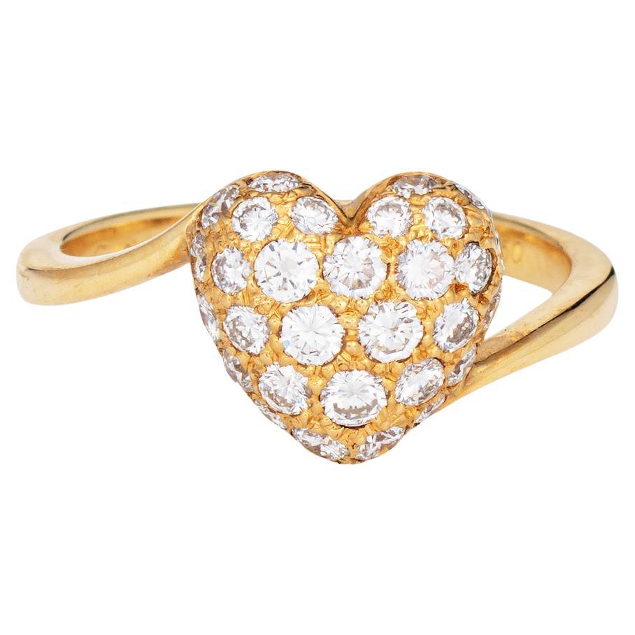 90s Cartier Pave Diamond Heart Ring Sz 5.25 18k Yellow Gold Signed Jewelry