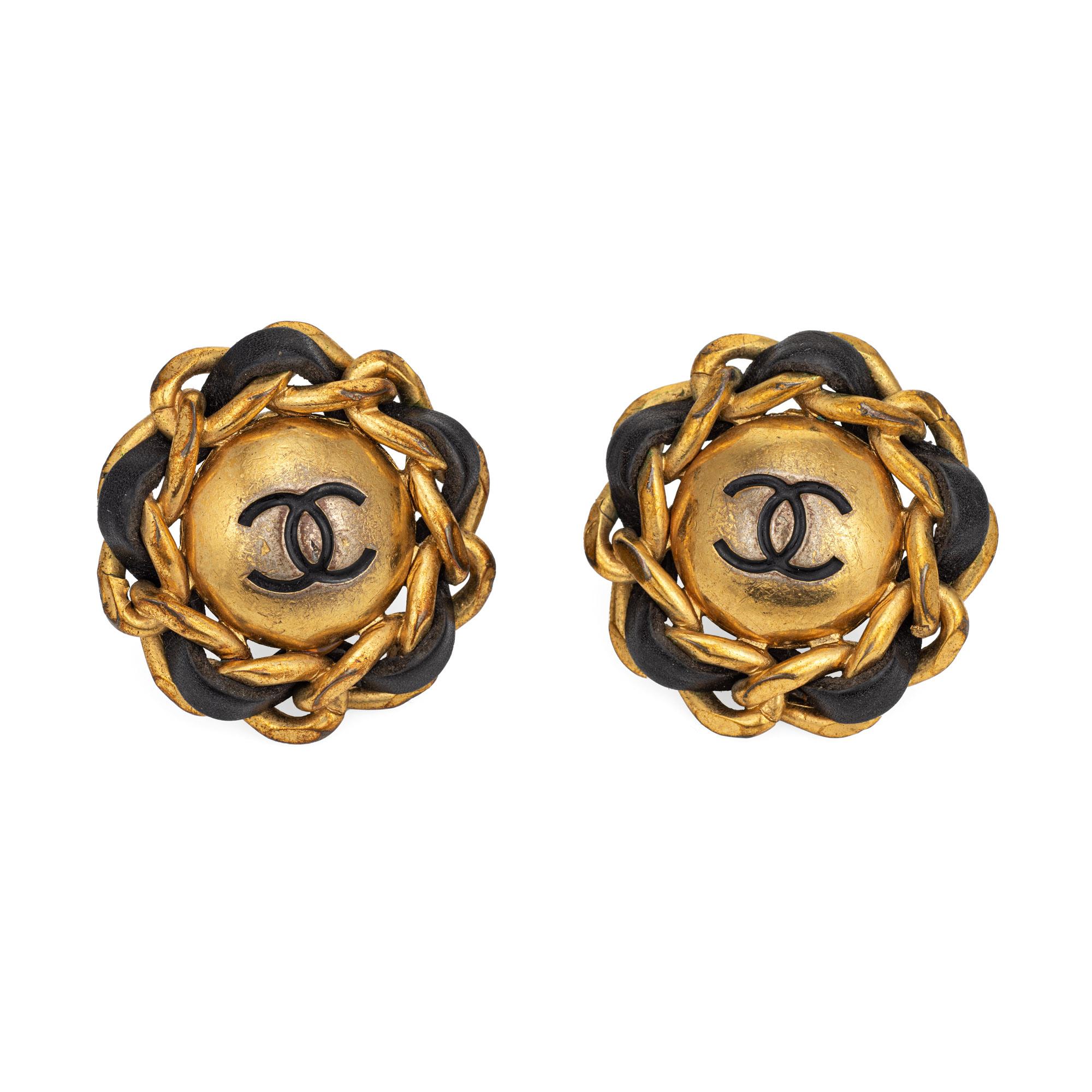 90s Chanel CC Logo Earrings Chain Leather Large Jumbo c1993 Clip On   In Fair Condition In Torrance, CA