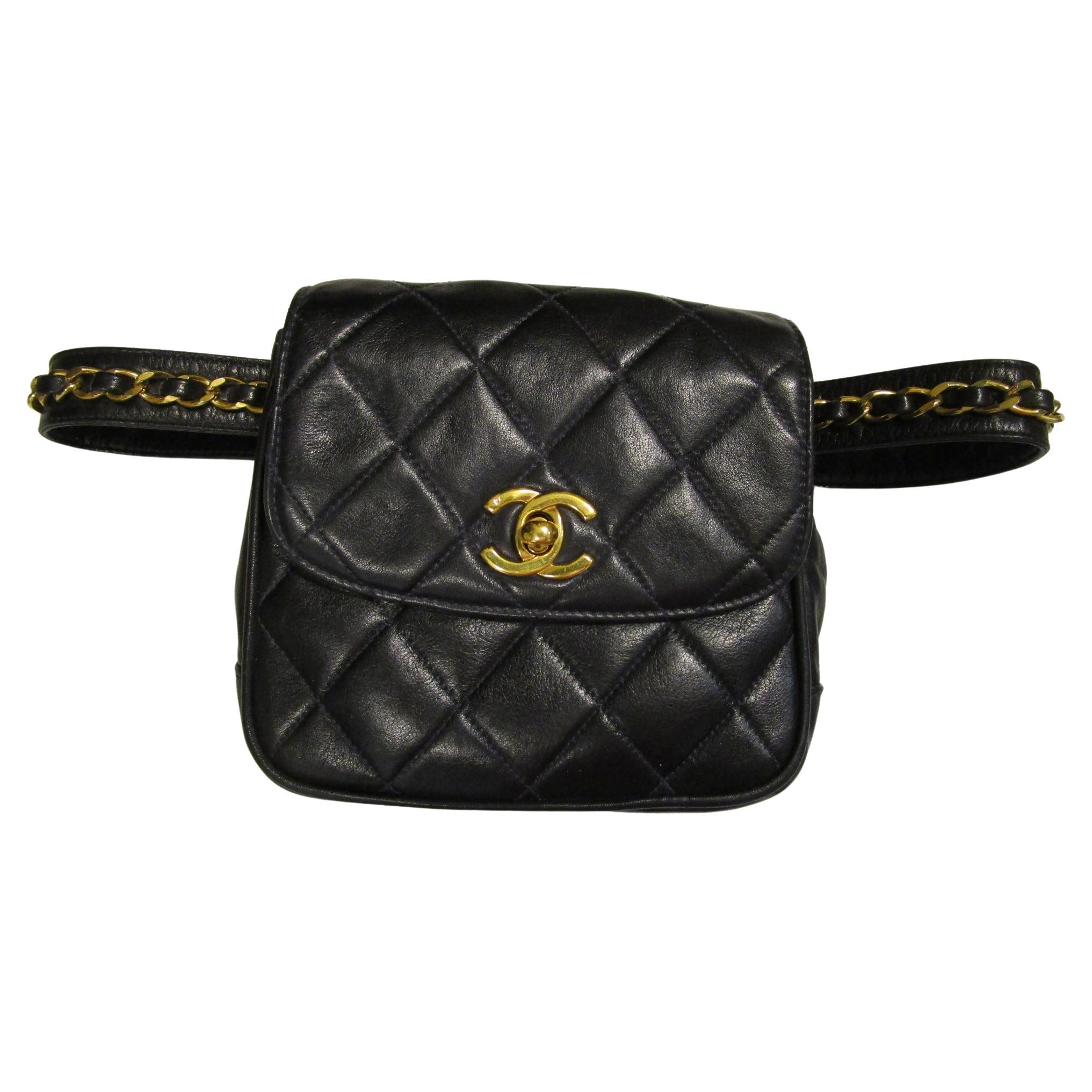 90s CHANEL CC Turnlock Lambskin Leather Waist Belt Bag Black Gold Hardware