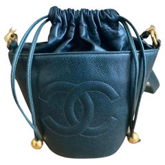 90s Chanel green leather drawstring bucket crossbody bag
