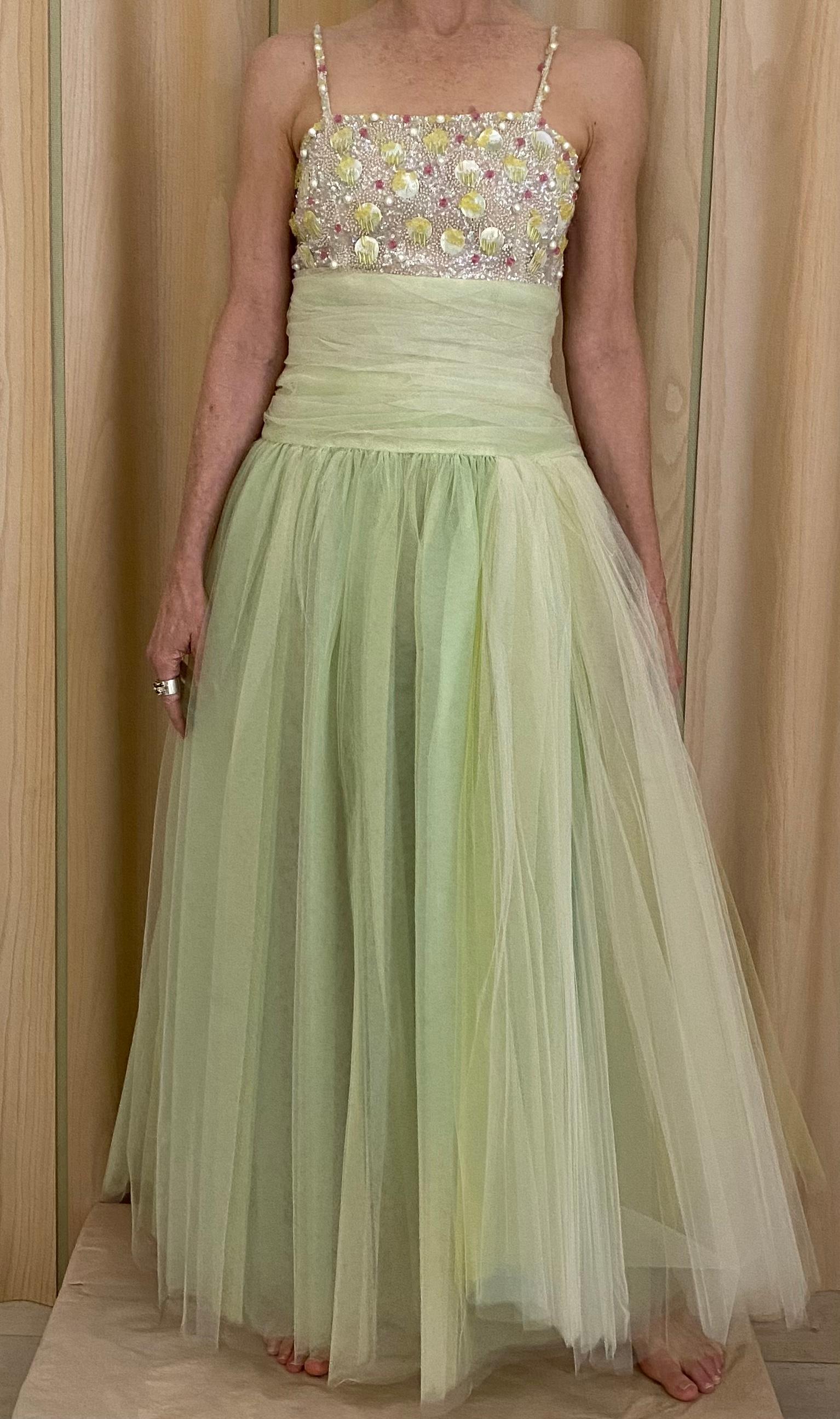 90s CHANEL Light Green Tulle Spaghetti Strap Dress In Good Condition For Sale In Beverly Hills, CA
