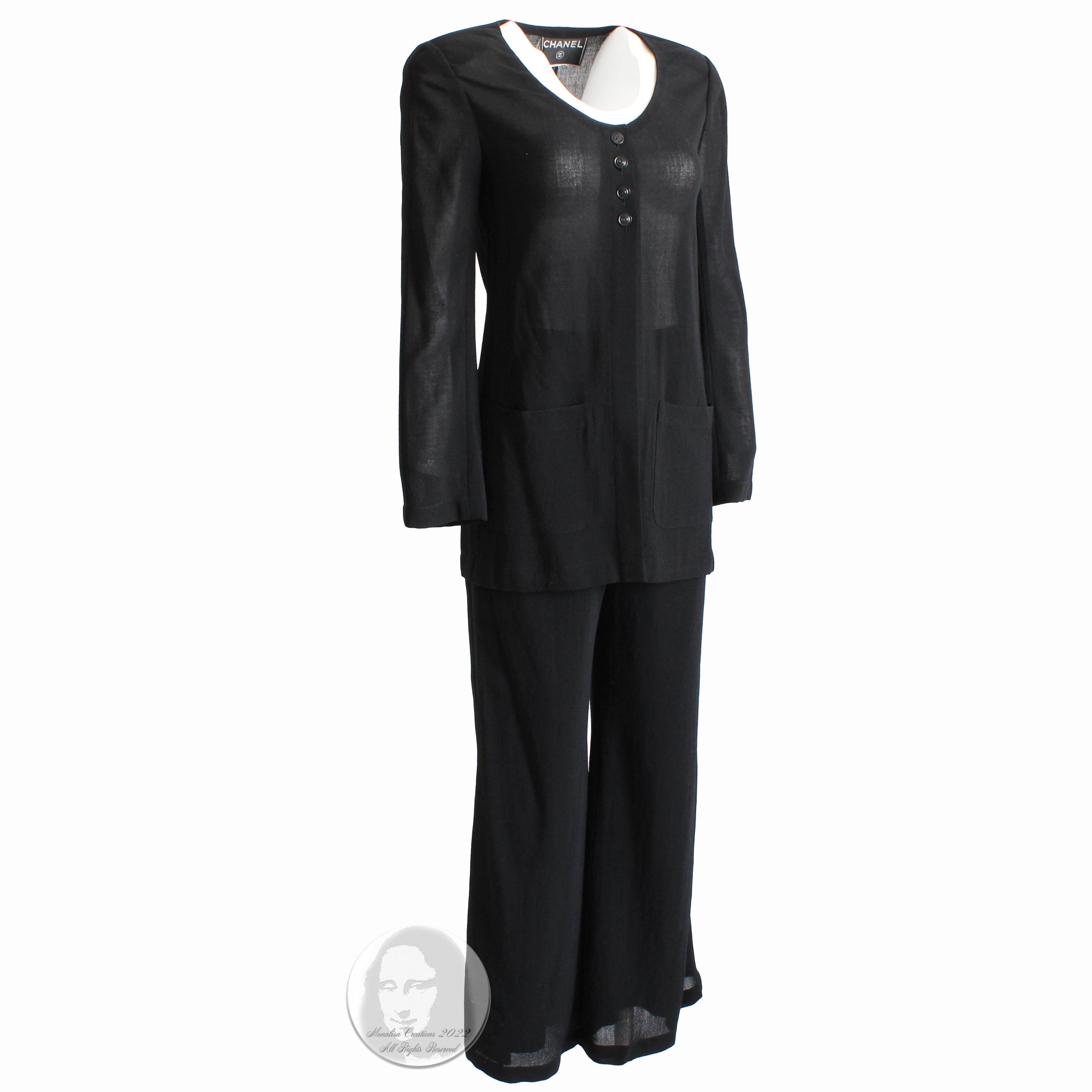 Authentic, preowned, vintage Chanel Black Sheer Wool Crepe Jacket and Pant Suit 2pc Size 36, circa 1999. Jacket is sheer and unlined w/chain at hem; pant is partially lined in silk. Super chic set that can be styled in so many ways - and lightweight