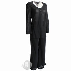 90s Chanel Pantsuit 2pc Jacket Pants Sheer Black Wool Crepe Size 36 Vintage