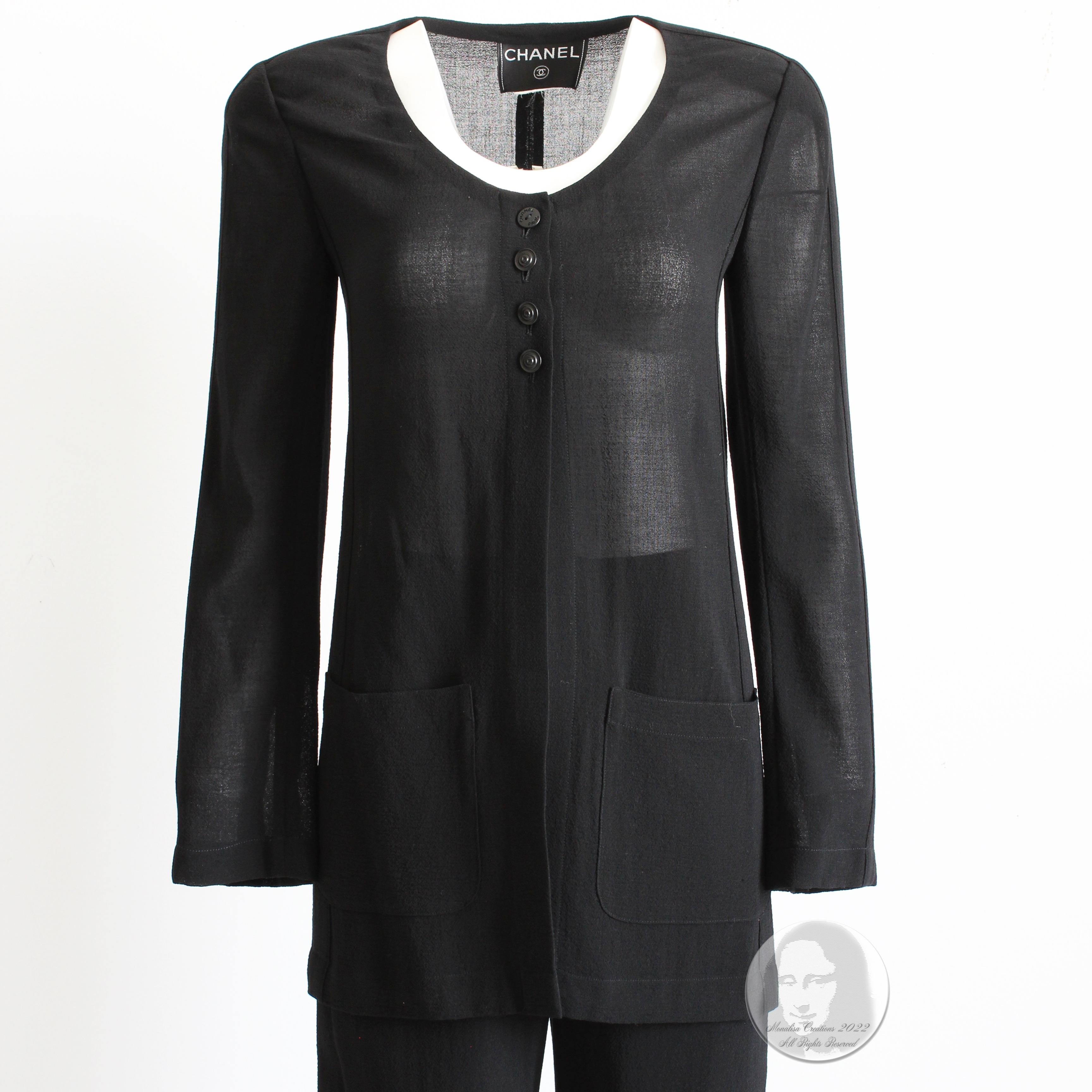 90s Chanel Pantsuit 2pc Jacket Pants Sheer Black Wool Crepe Size 36 Vintage In Good Condition In Port Saint Lucie, FL