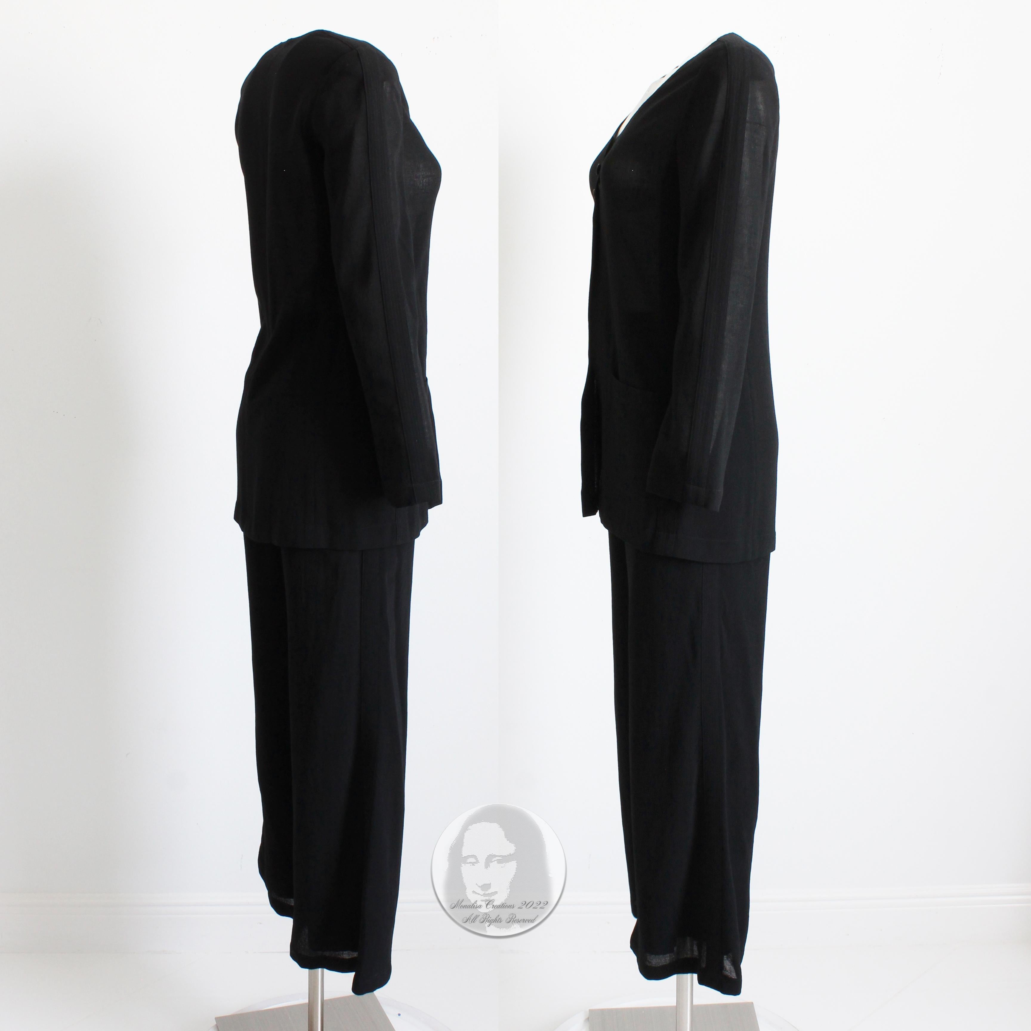 90s Chanel Pantsuit 2pc Jacket Pants Sheer Black Wool Crepe Size 36 Vintage 1