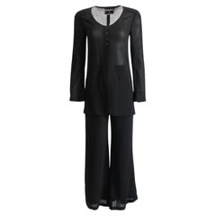 90s Chanel Pantsuit 2pc Jacket Pants Sheer Black Wool Crepe Size 36 Vintage