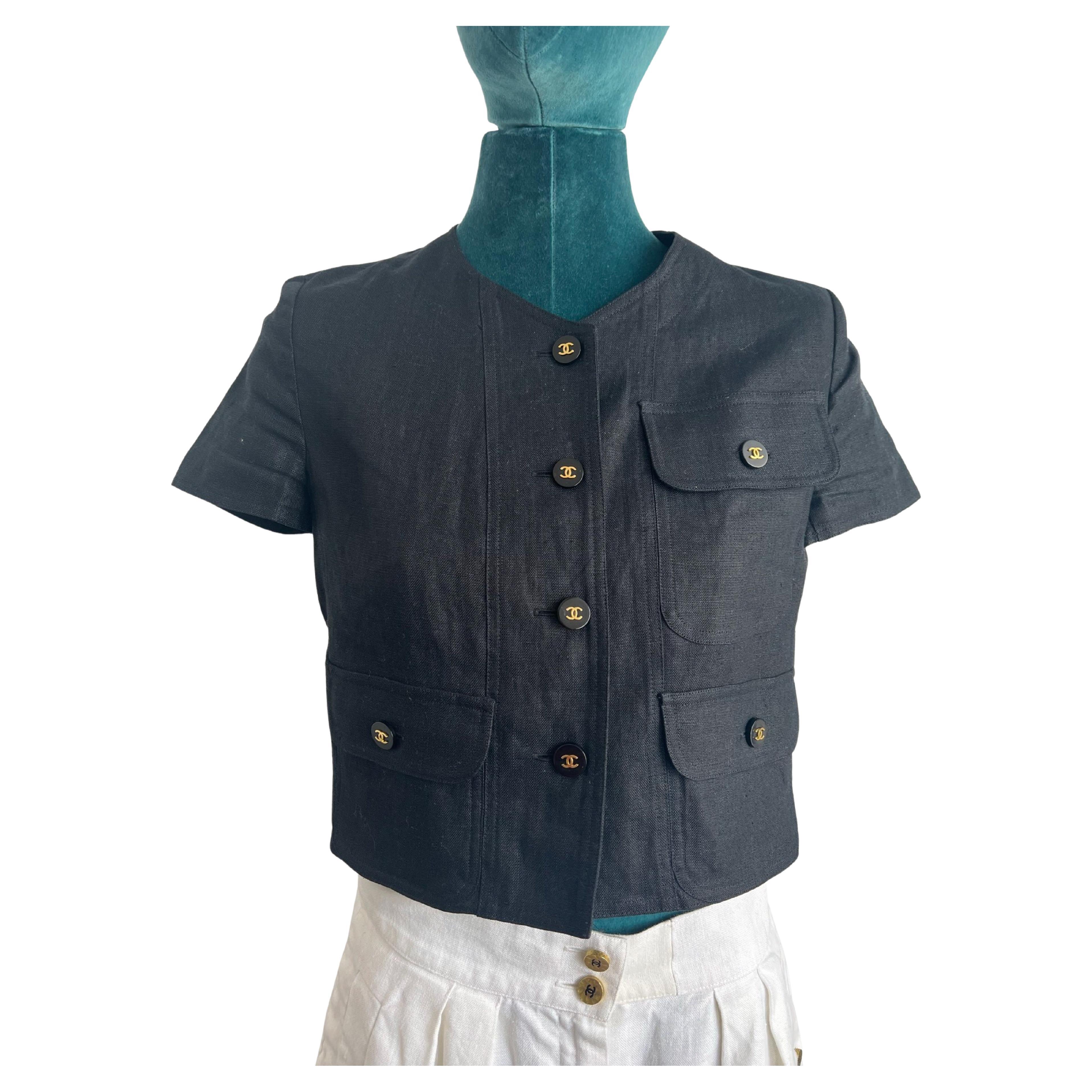 90's Chanel summer Line black short sleeve crop jacket  For Sale