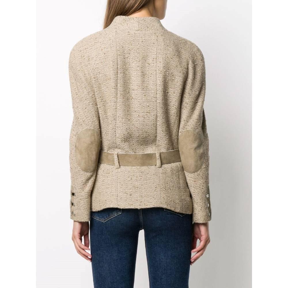 Women's 90s Chanel Vintage beige bouclè wool fitted jacket with logoed belt