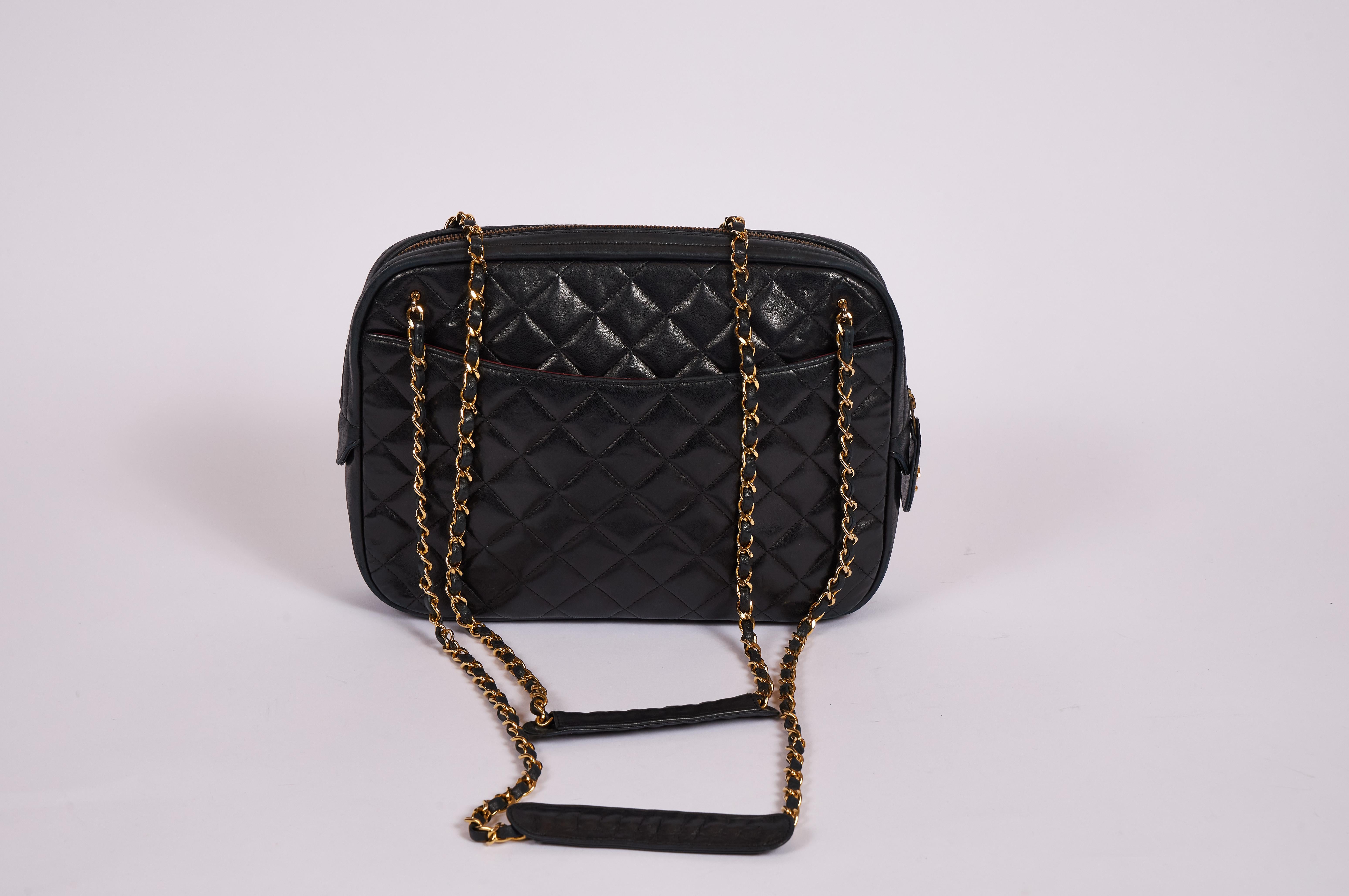 Chanel 90s black quilted lambskin shoulder tote with matching detachable wallet. Shoulder drop 19