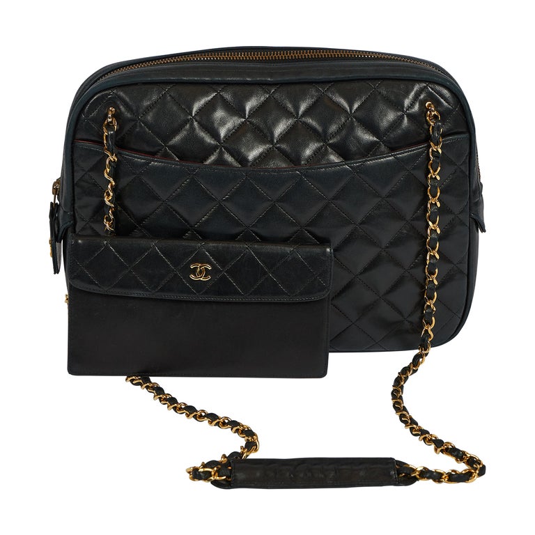 90's Chanel Vintage Black Quilted Leather Shoulder Bag with Wallet at