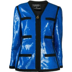 90s Chanel Vintage electric blue sequins logoed jacket