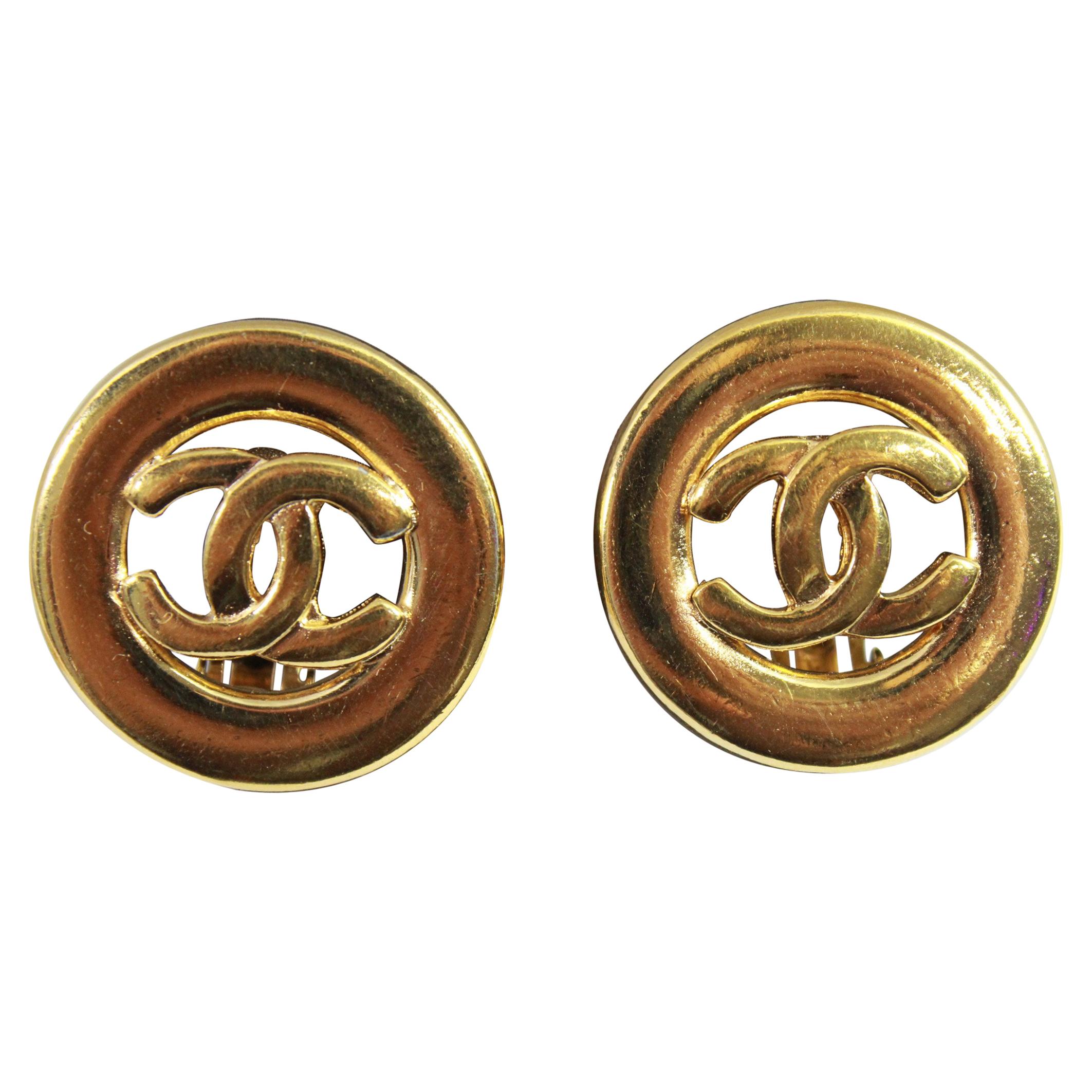 90's Chanel Vintage  Logo Earrings in Gold-Plated Metal