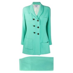 90s Chanel Vintage water green wool suit with jacket and skirt