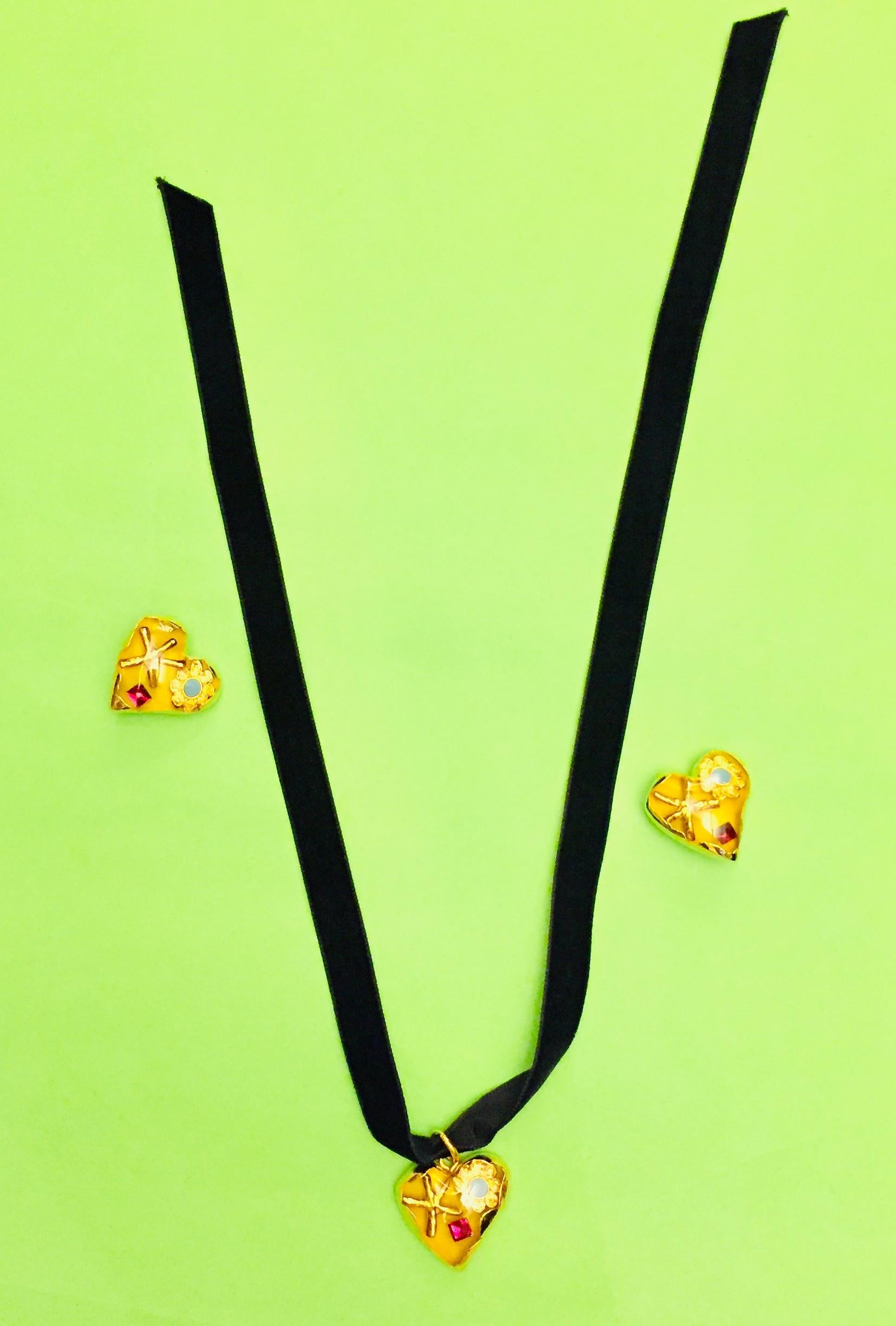 Women's 90s Christian Lacroix Yellow Heart Shaped Gold Toned Black Velvet Strap Necklace
