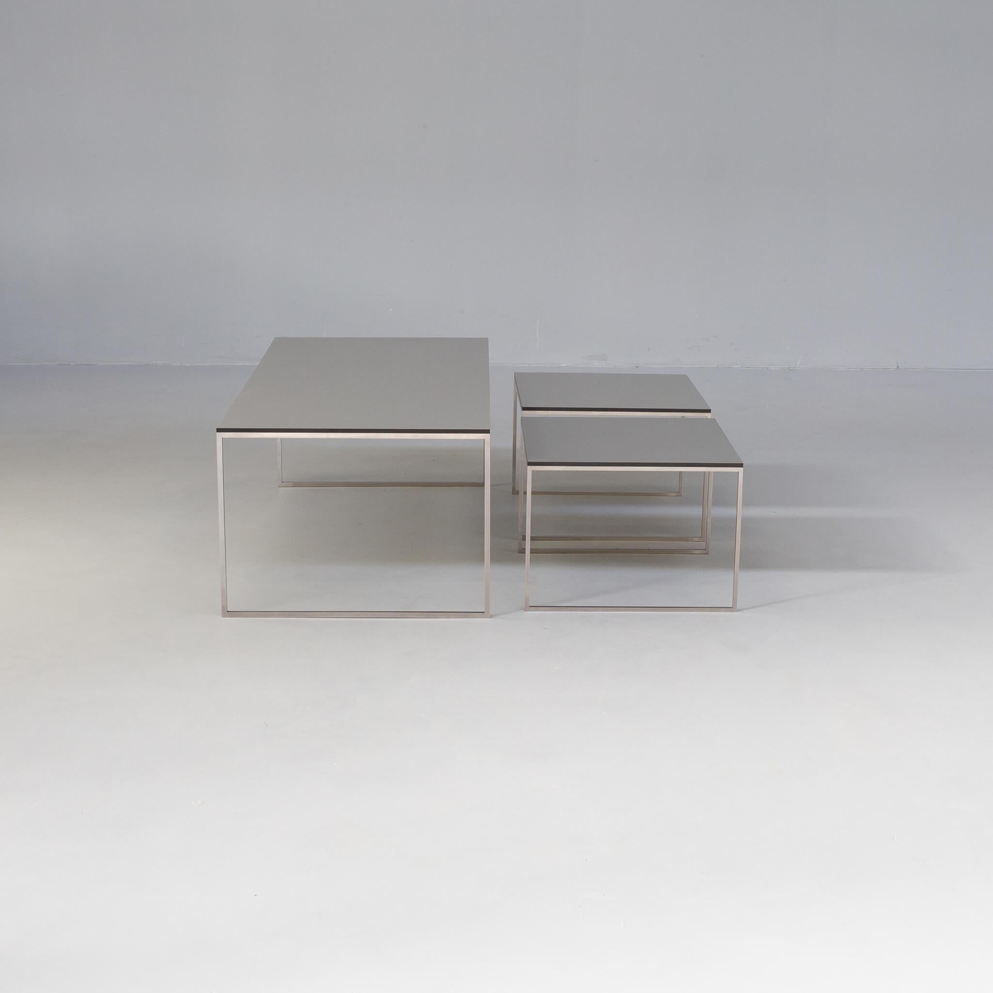 90s coffee / nesting table stainless steel foot and trespa top set/3 In Good Condition In Amstelveen, Noord