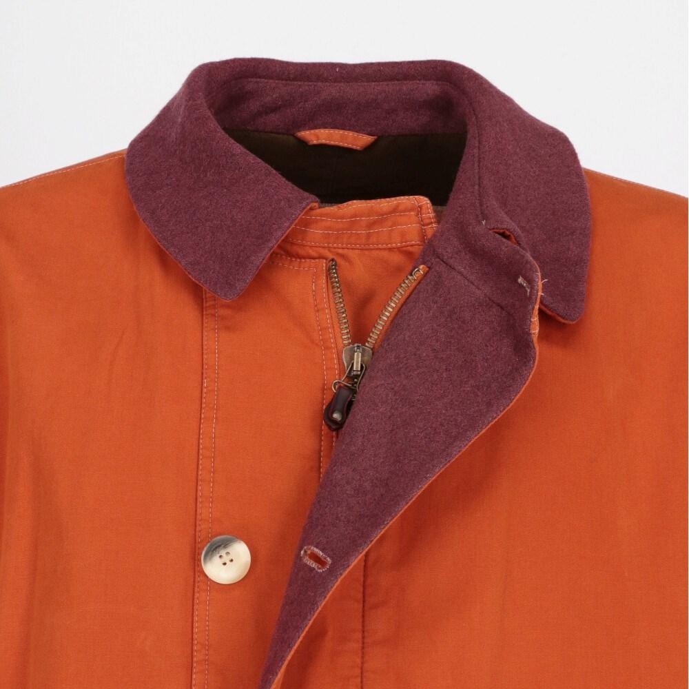 90s Emporio Armani orange cotton upcycled coat with burgundy details In Good Condition For Sale In Lugo (RA), IT