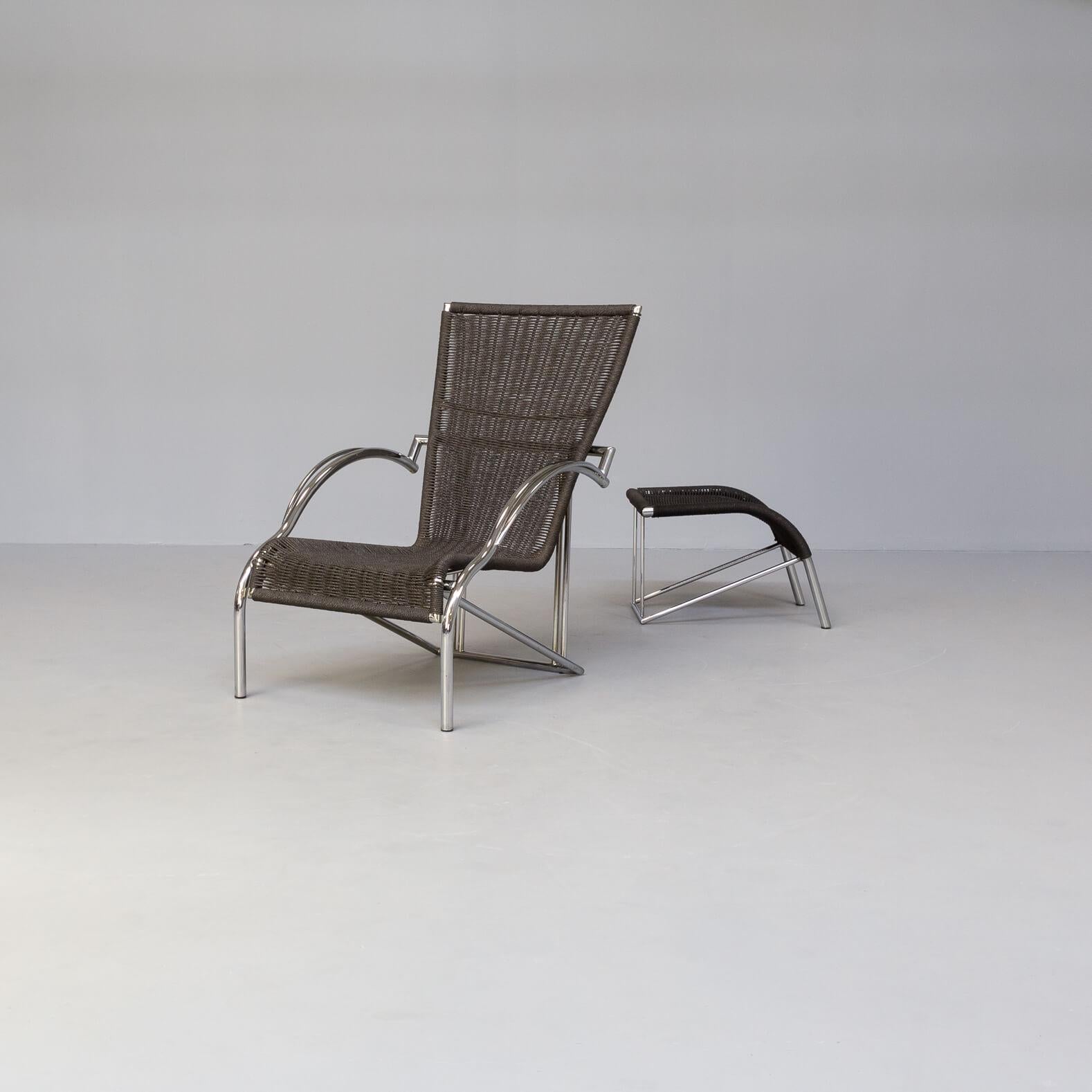 Hartika is a high class outdoor furniture specialist. This Hartika chair can be used inside aswell outdoors. Beautifull chrome design frame with black papercord seat and backrest. Very comfortable chair and ottoman. Set in good condition consistent