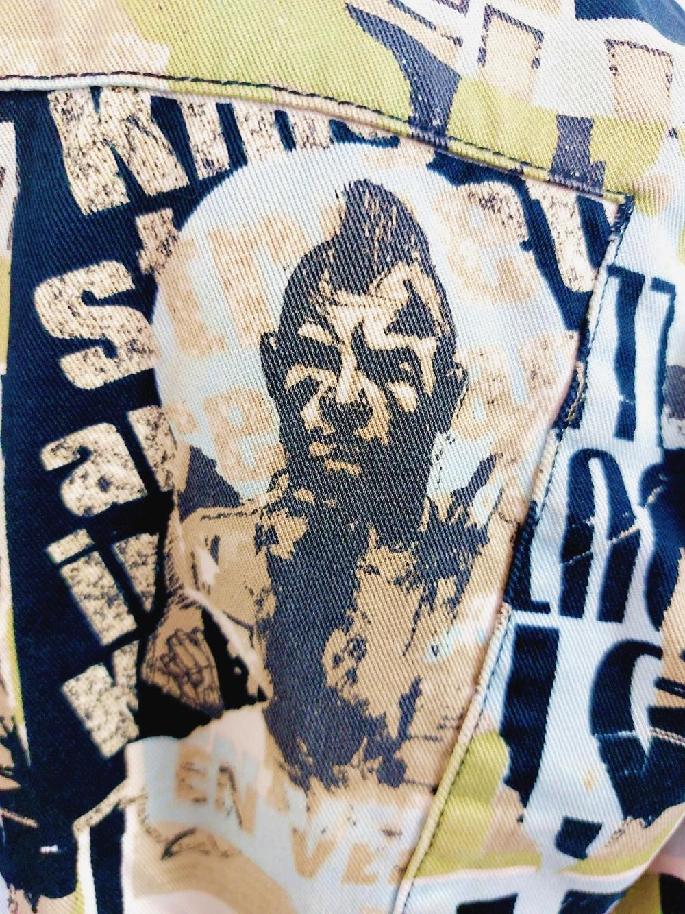 90s Gaultier Jeans Anarchy Punk Rock Fight Racism Tattoo Club Kid Denim Jacket For Sale 11