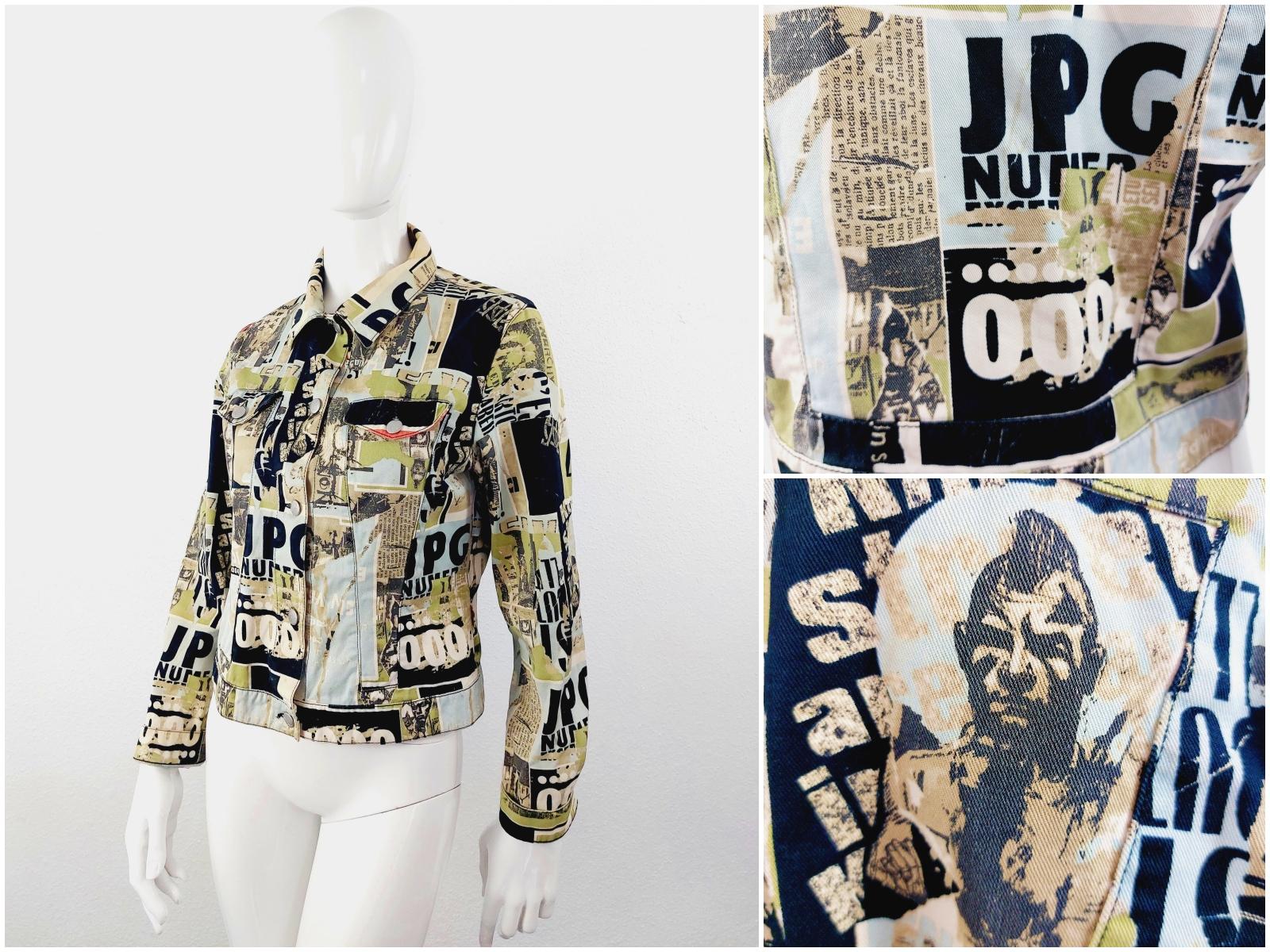 90s Gaultier Jeans Anarchy Punk Rock Fight Racism Tattoo Club Kid Denim Jeans Jacket 
Super cool 1990's Jean Paul Gaultier Jeans anarchy club kid jeans jacket. 
A little bit fitted for a woman but could also easily be worn by a man. 
Jeans jacket