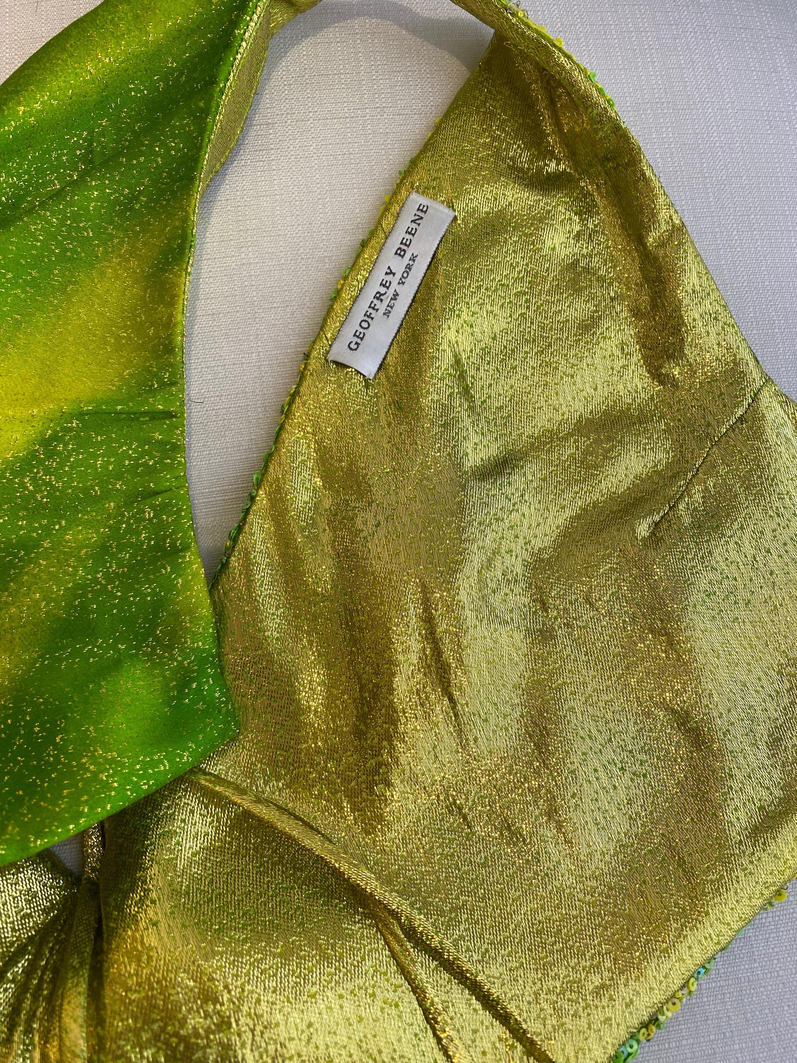 90s Geoffrey Beene Lime Green Metallic Silk Grecian gown For Sale 5