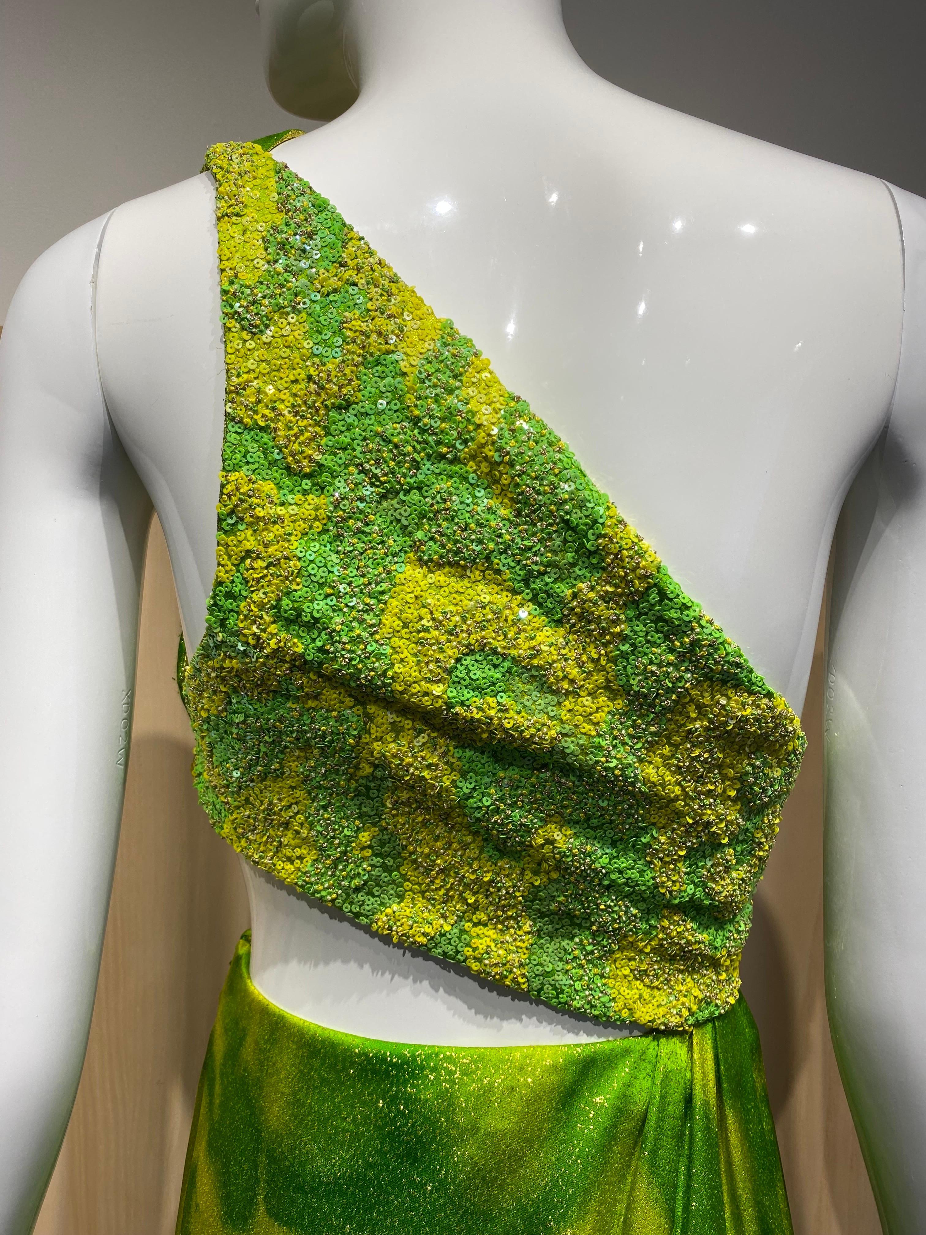 Women's 90s Geoffrey Beene Lime Green Metallic Silk Grecian gown For Sale
