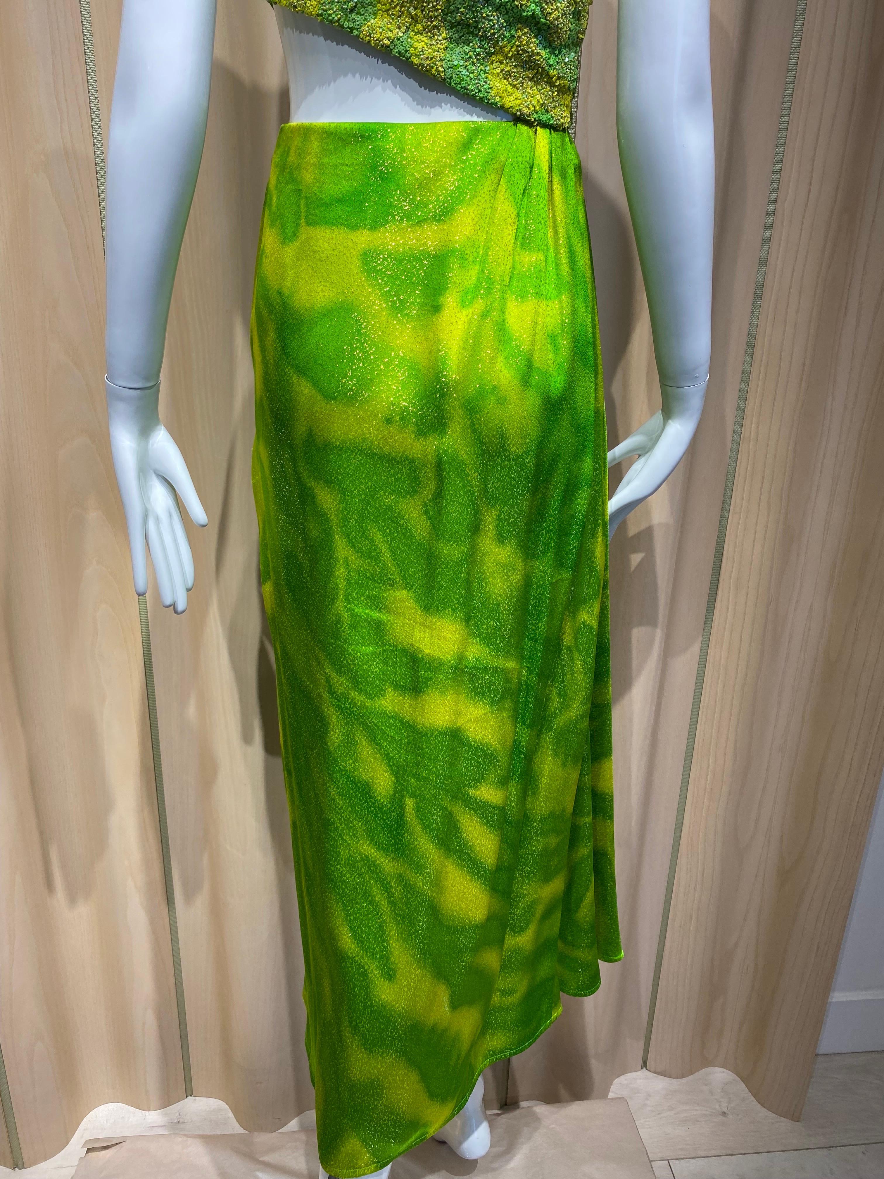 90s Geoffrey Beene Lime Green Metallic Silk Grecian gown For Sale 1
