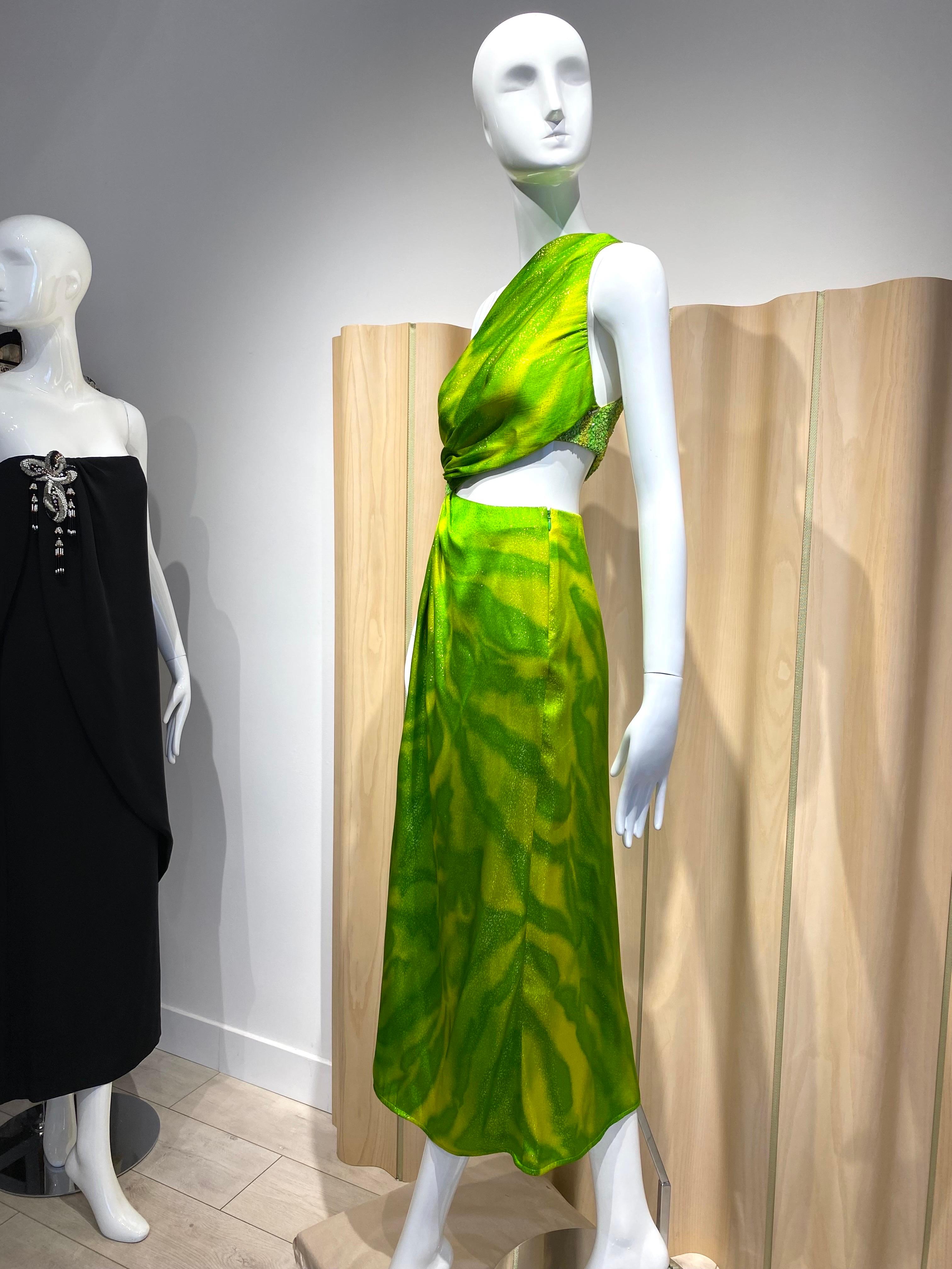 90s Geoffrey Beene Lime Green Metallic Silk Grecian gown For Sale 2