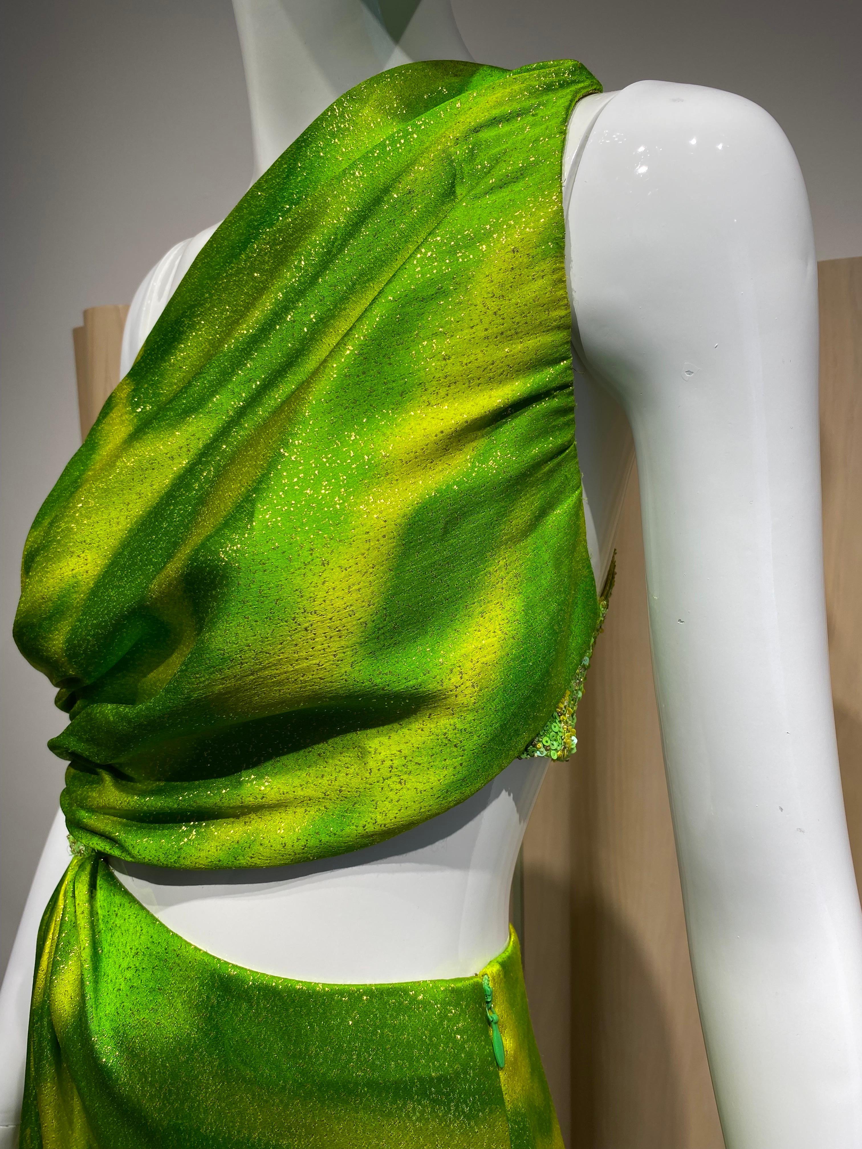 90s Geoffrey Beene Lime Green Metallic Silk Grecian gown For Sale 3