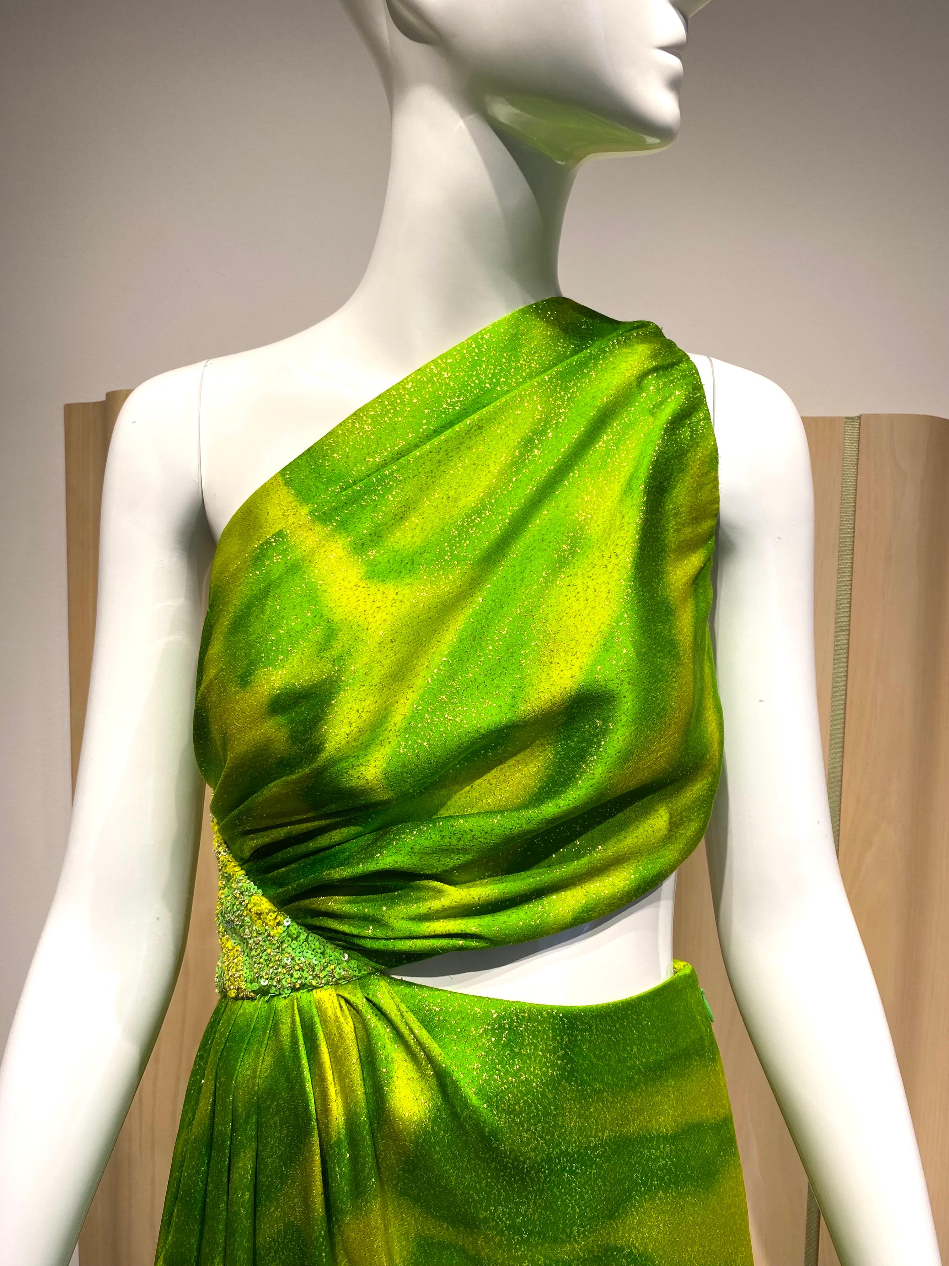 90s Geoffrey Beene Lime Green Metallic Silk Grecian gown For Sale 4