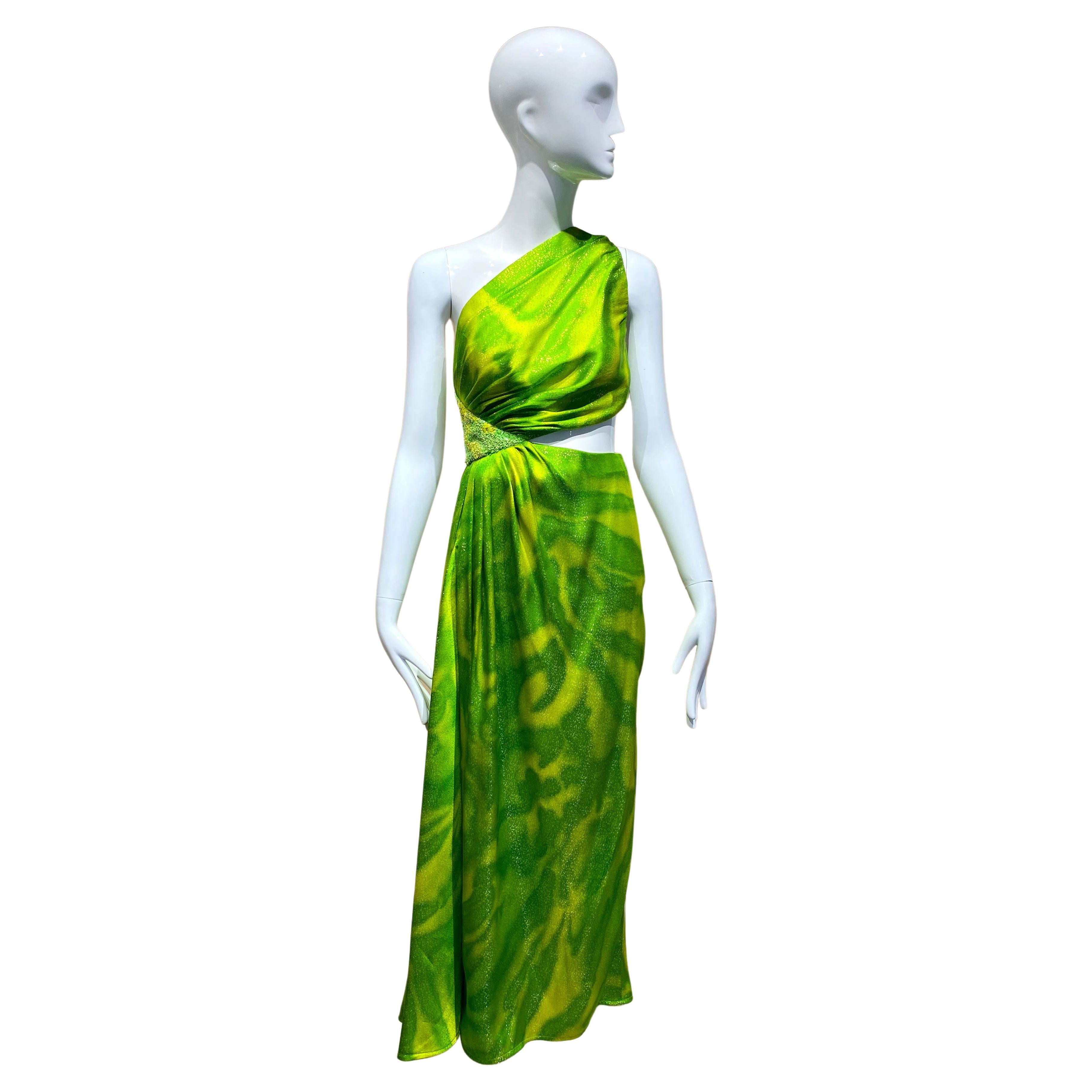 90s Geoffrey Beene Lime Green Metallic Silk Grecian gown For Sale
