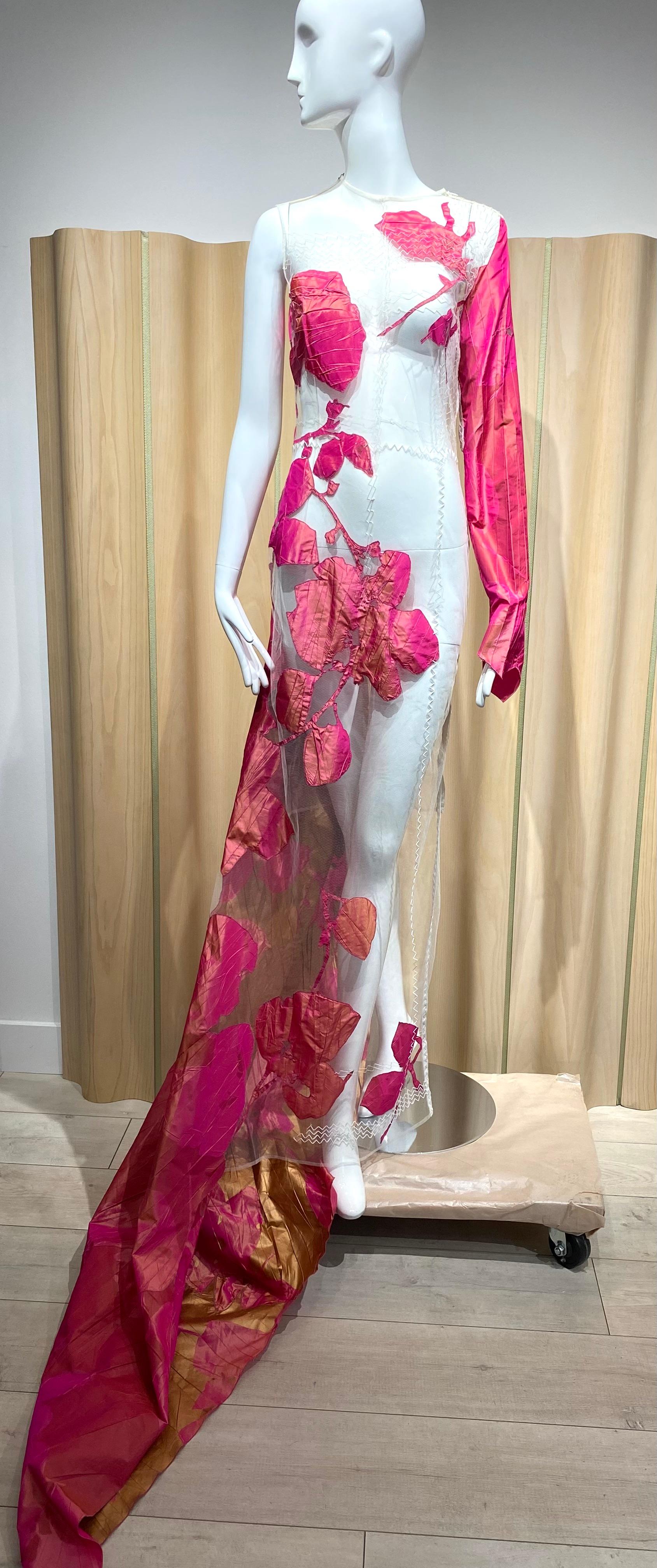 90s Gianfranco Ferre Hot Pink and Sheer Silk Floral Runway Gown For Sale 13