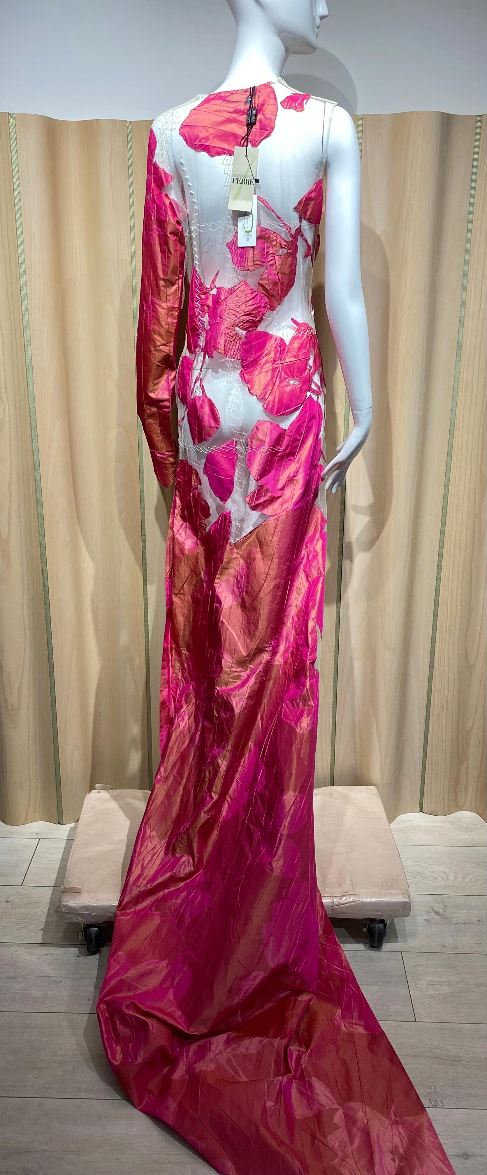 90s Gianfranco Ferre Hot Pink and Sheer Silk Floral Runway Gown For Sale 14