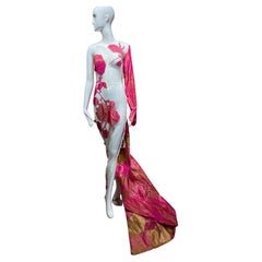 90s Gianfranco Ferre Hot Pink and Sheer Silk Floral Runway Gown