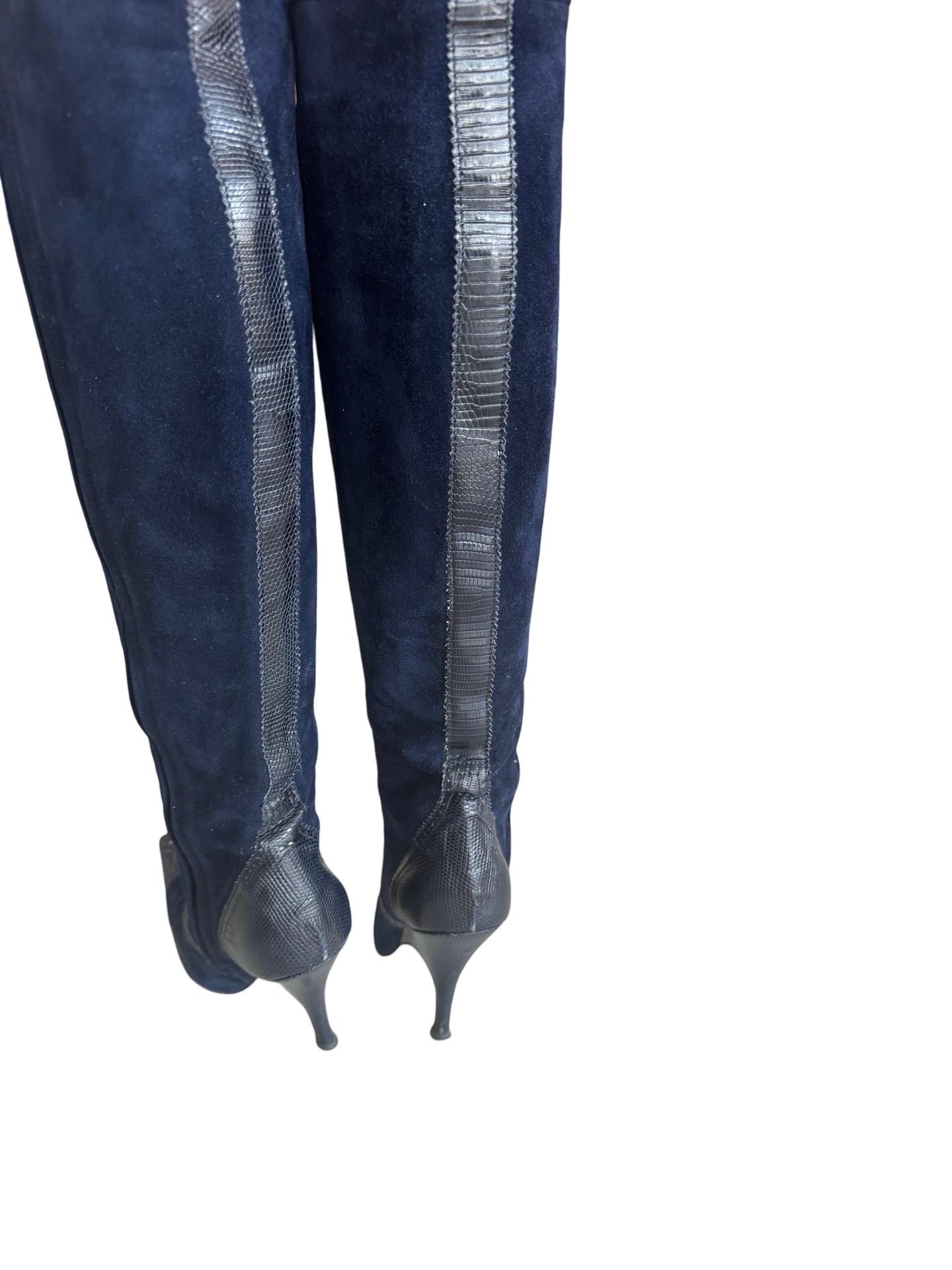Black 90s Gianfranco Ferre Navy Suede Knee High Boots For Sale