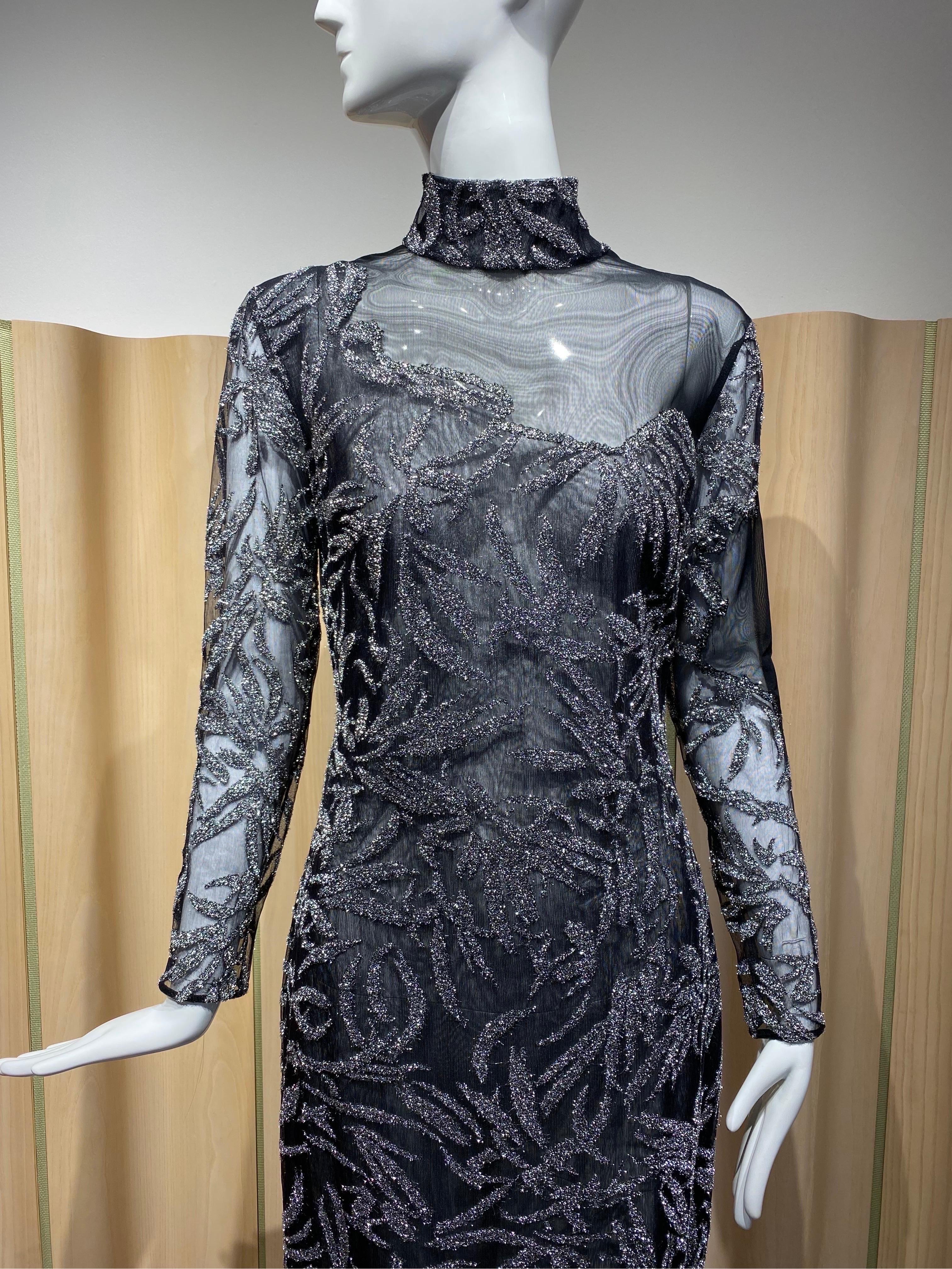 Black 90s Gianfranco Ferre Sheer Metallic Grey Cocktail Dress For Sale