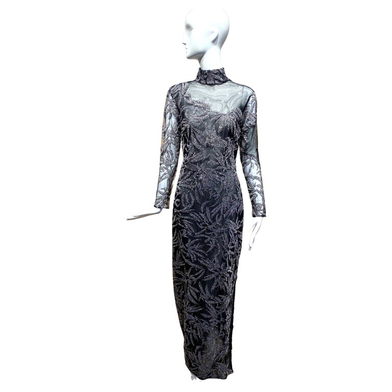 90s Gianfranco Ferre Sheer Metallic Grey Cocktail Dress For Sale at 1stDibs