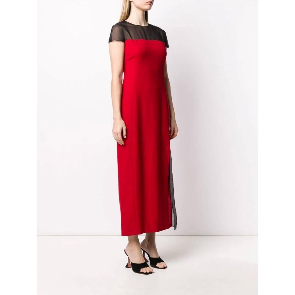 Women's 90s Gianfranco Ferré Vintage long red wool dress wit black transparent inserts For Sale