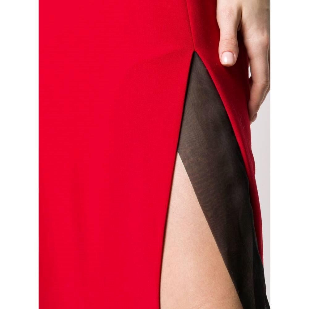 Women's 90s Gianfranco Ferré Vintage long red wool dress wit black transparent inserts